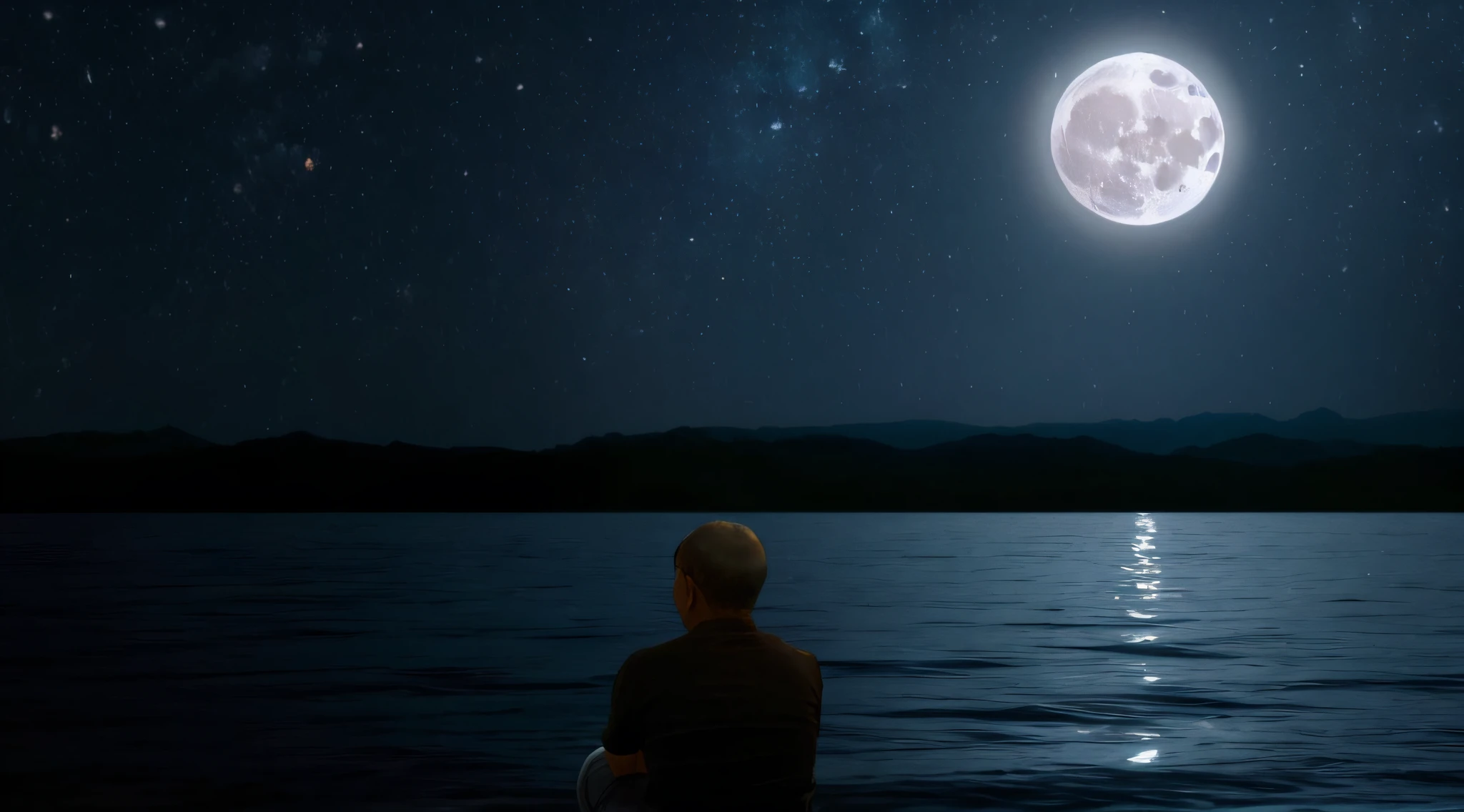 There is a man sitting in a boat looking at the moon, Olhando para a lua, sentado em uma lua, Olhando para a lua cheia, moon behind him, the moon cast on the man, big moon above the water, Moon reflecting in water, em frente a uma grande lua, noite calma. digital illustation, sua mente contemplando a eternidade