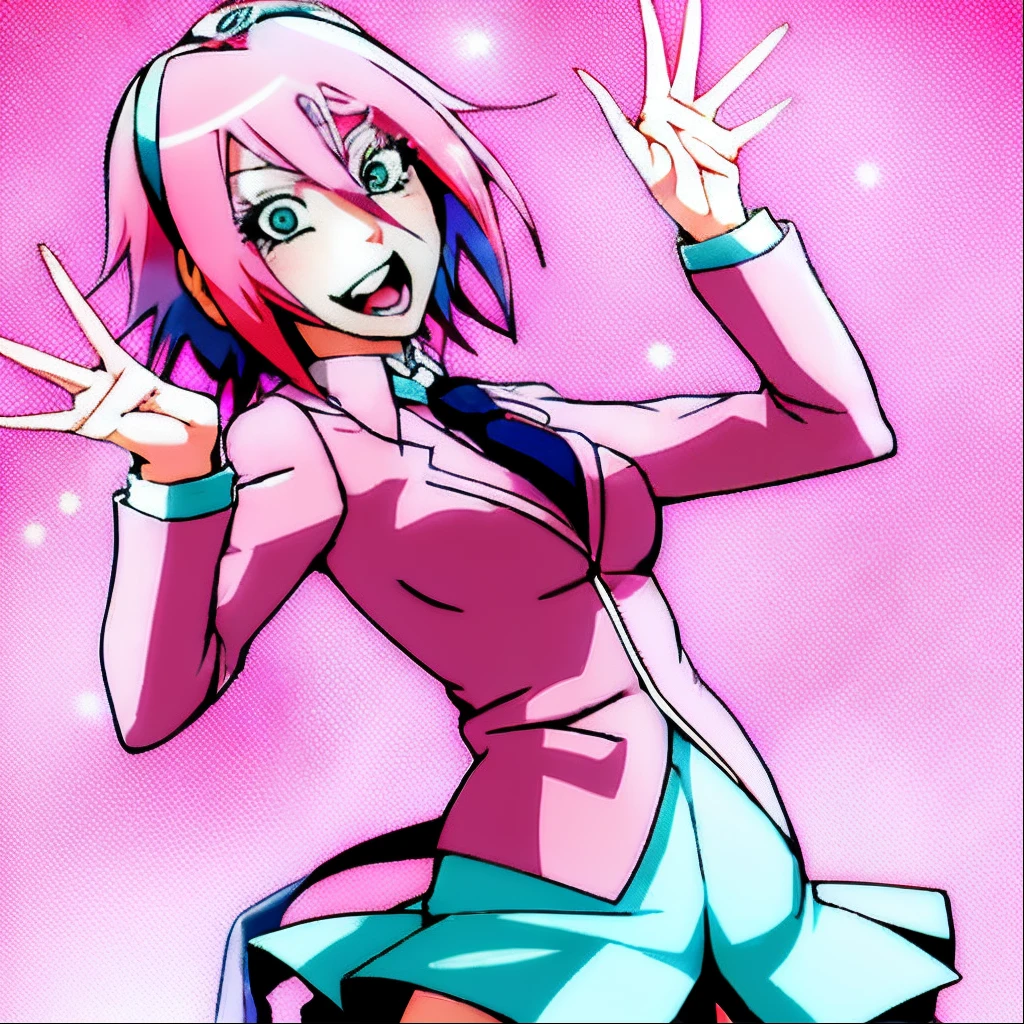 anime girl with pink hair and blue suit and tie, anime moe artstyle, cyan and magenta, wataru kajika, 2 d anime style, ((pink)), in the art style of 8 0 s anime, sayori, digital art from danganronpa, pink twintail hair and cyan eyes, dayglo pink and blue, rei hiroe