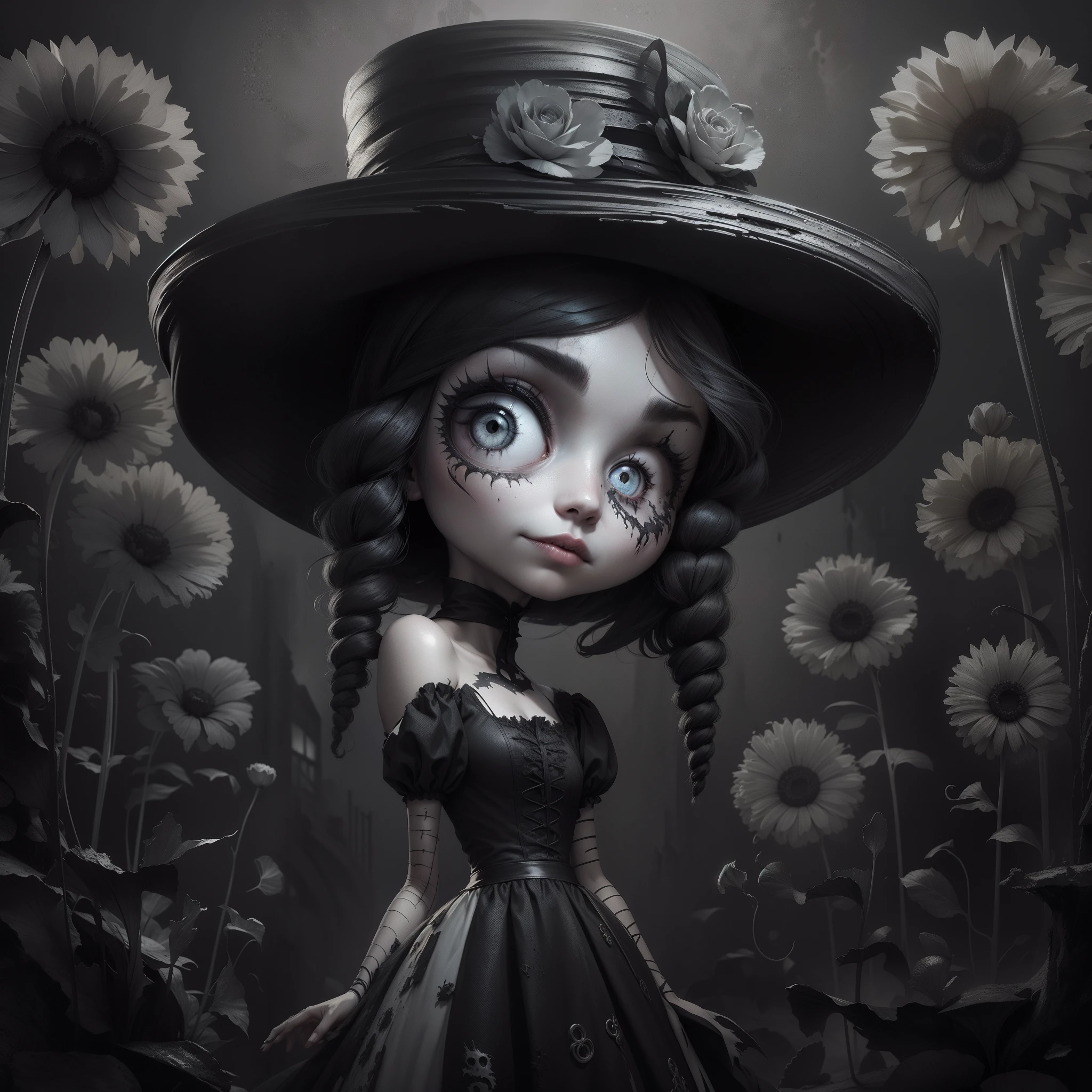 Adds scars to her face, shredded dress, black and white picture, Sally by Tim Burton