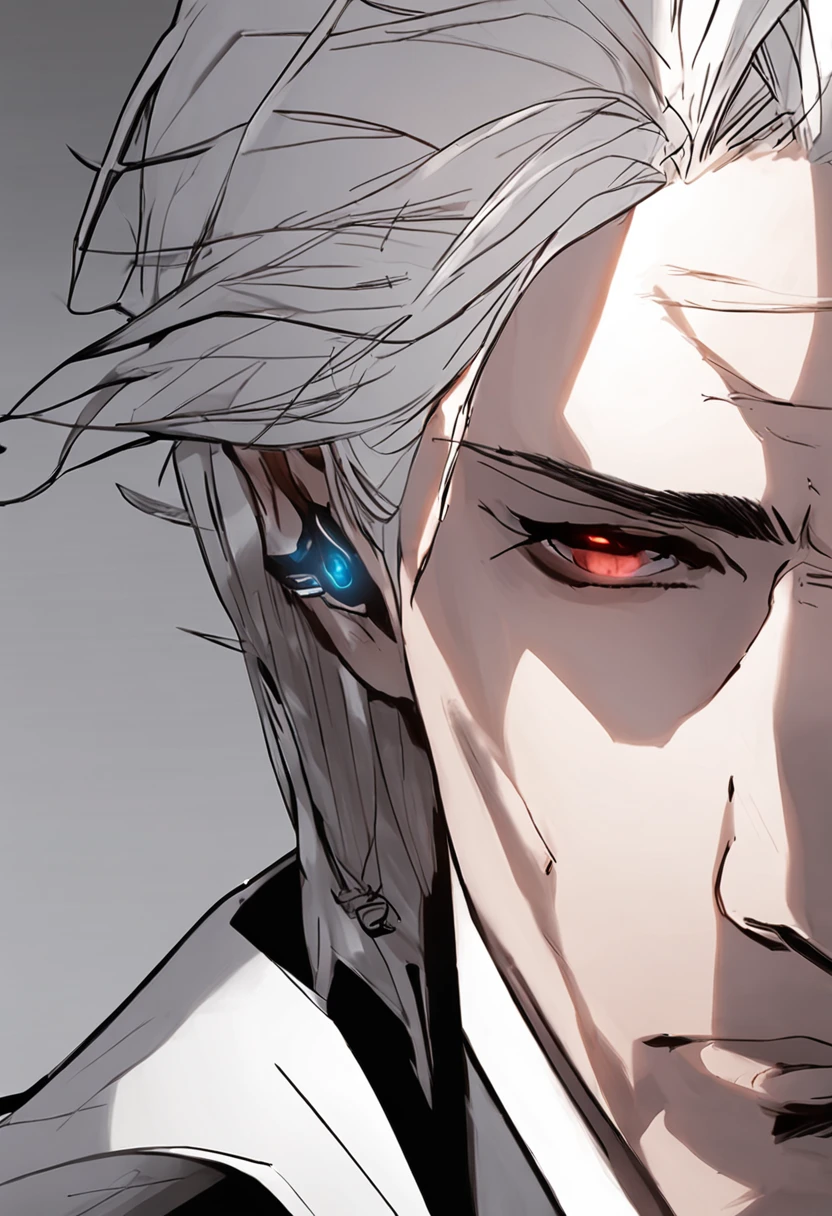 Side dorsal head, Sapphire eyes, Beauty mole, cool guy, White hair, Hairline, Seductive smile, hyper HD, Pan, Business suit, white skinned, High detail