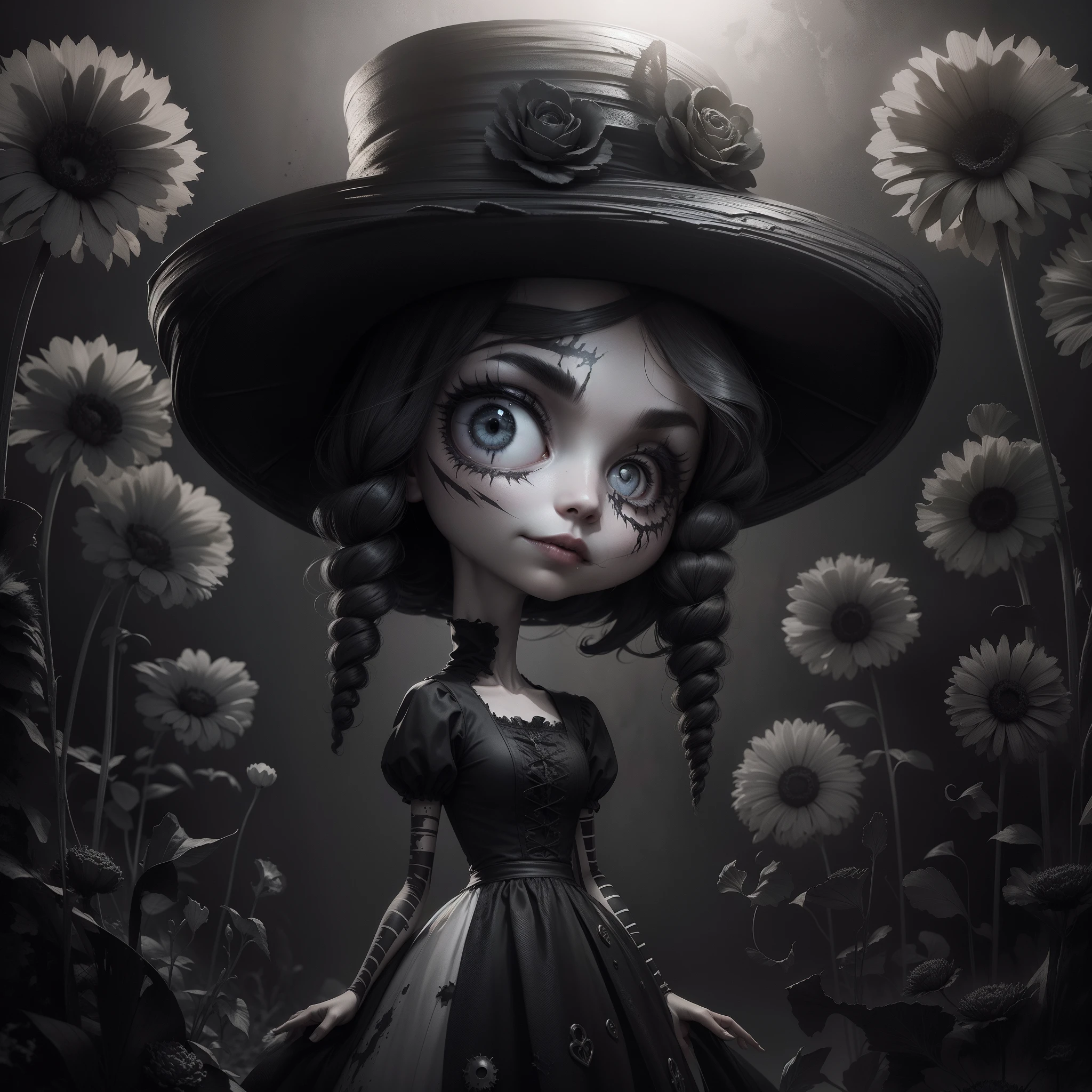 Adds scars to her face, shredded dress, black and white picture, Sally by Tim Burton