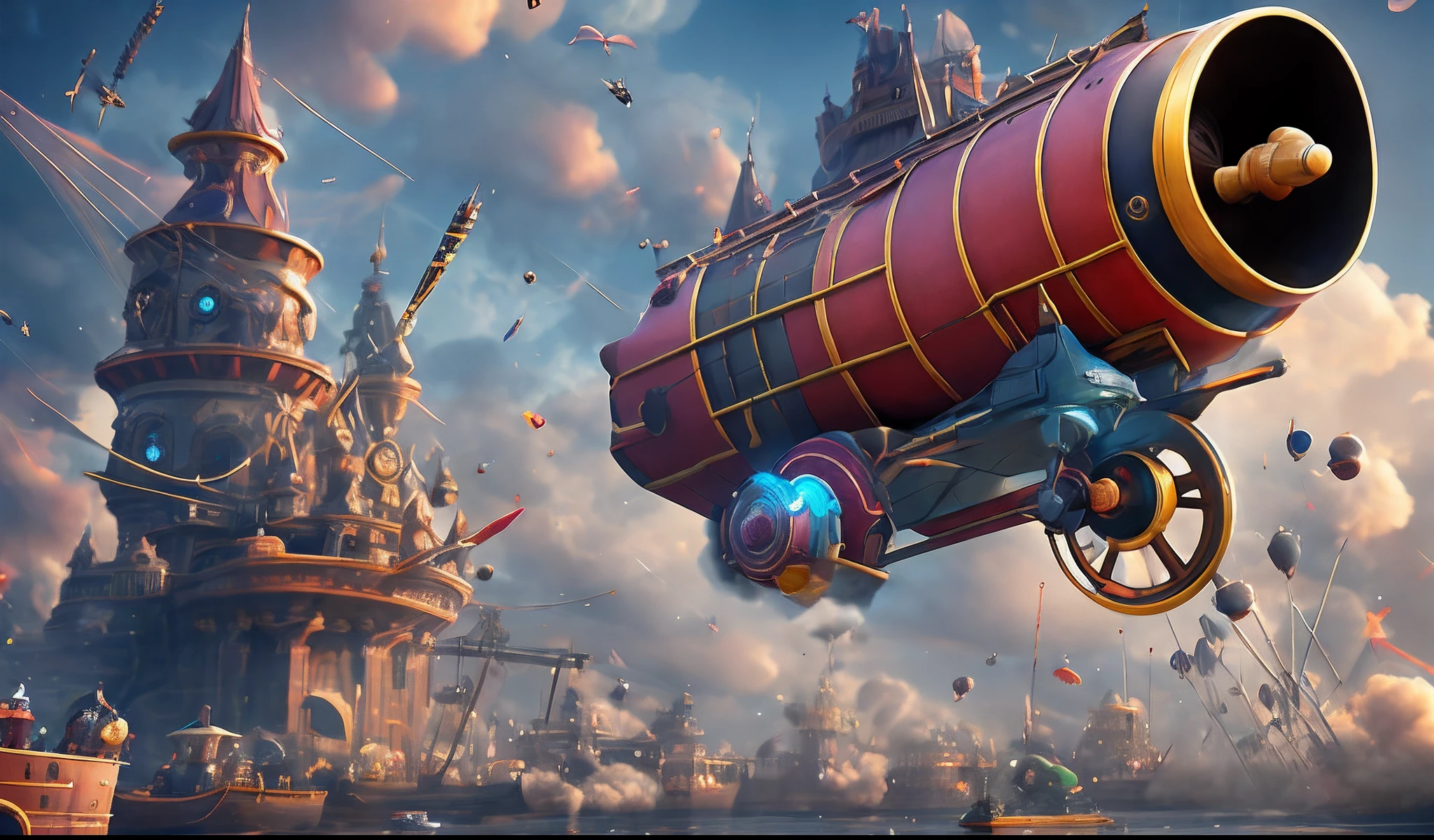 A very dynamic scene. Flying mechanical snail with many cannons. Close-up. Lots of details. Cartoon Disney, Pixar. Blurred background. Light haze. --auto --s2