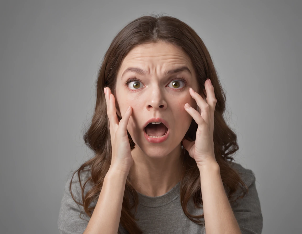 Woman with hands on her head and a surprised expression, frustrated expression, Rosto frustrado, stressed expression, horrified expression, frustrado detalhado, menacingly!!!, gritando em agonia, Frustrado, gritando em desespero, apavorado, Surtando, intense screaming expression, menacingly!, muito intenso, Horrorizado, preocupado, gritando de dor, aterrador!!!, chocante