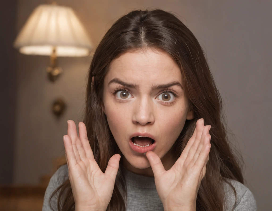 Por gentileza, crie uma imagem que retrate uma cena dentro de um quarto bem iluminado, where a young woman of 20 years is gently holding a small yellow chick in her hand. His expression is extremely surprised, demonstrating a combination of shock and surprise on his face. She has her mouth open and her hands pressed against her face, Wide eyes and expressive expression of surprise. His gaze is clearly shocked, com os olhos demonstrando intensa surpresa. She seems to be incredibly surprised and her face reflects the emotion vividly. His expression is one of utter astonishment, with a furrowed brow and an expression that oscillates between shock and awe. His face is distinctly frightened, quase em um estado de surto ou choque intenso.

The young woman will be standing in the room, with that expression of surprise and shock being the central focus. The soft and diffuse lighting in the room will enhance both the woman and the chick. I would like the atmosphere to convey a sense of surprise and emotional intensity.

The depiction of the young woman will be realistic, with detailed facial features that clearly express their shock and surprise. Your eyes will be wide wide, Transmitting your instant reaction. She will wear comfortable clothes suitable for the home environment. Your hair will be short and stylized in a subtle way. The representation of the young woman will be full-body, emphasizing every detail in a natural and artistic way.
