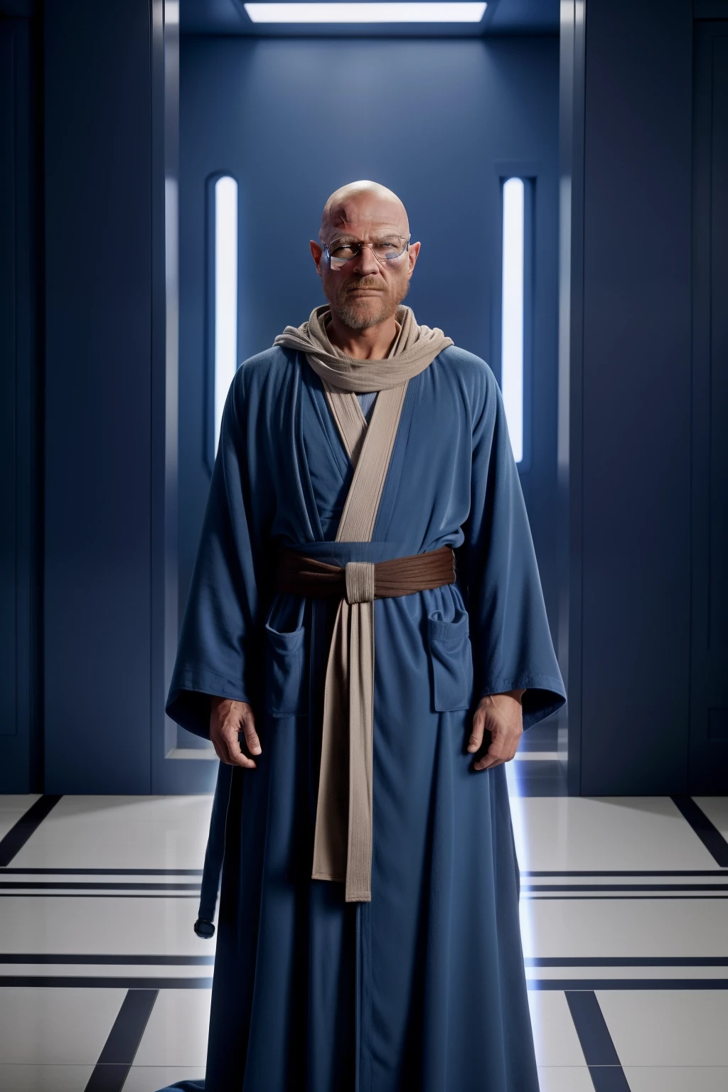 arafed man in a robe and a white scarf standing in front of a blue wall, wearing brown jedi robes, wearing jedi robes, movie screenshot from star wars, anakin skywalker, brown jedi robe, travis fimmel as a jedi master, from the phantom menace, jedi master, wearing blue robe, walter white as a jedi, obi wan kenobi