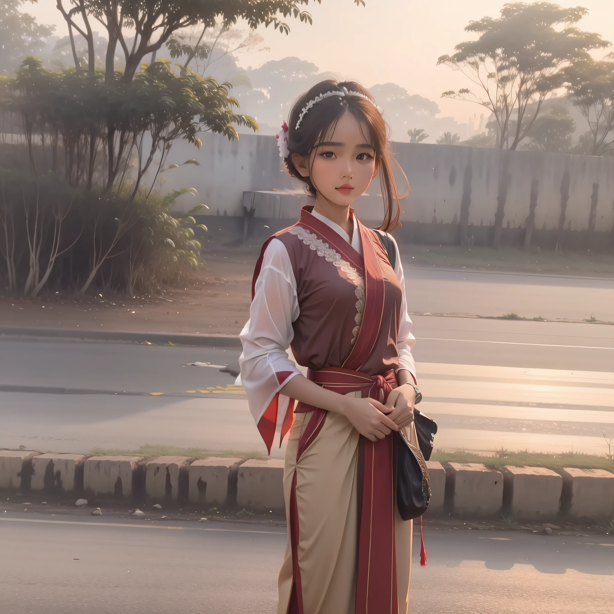 Good looking girl，22 year old，realisticlying，En plein air, Myanmar traditional costume,
