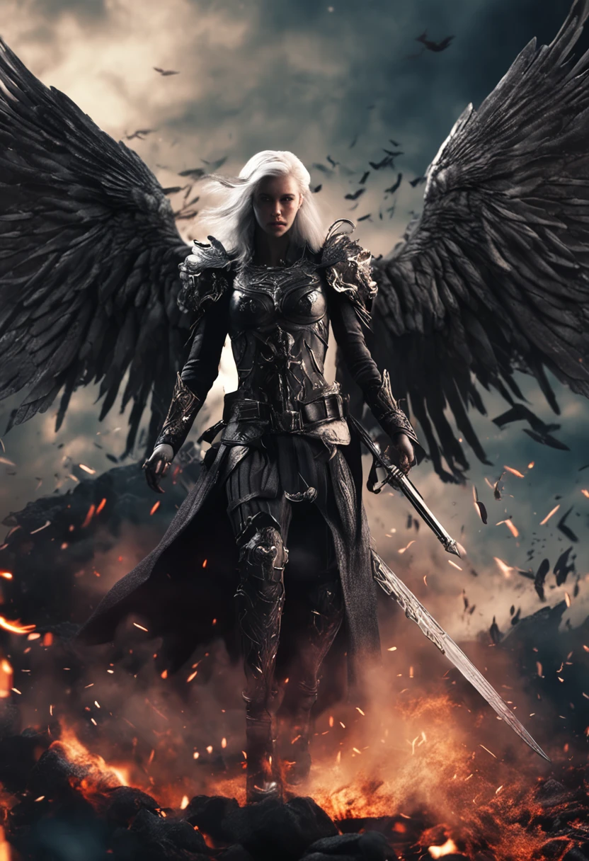 Realistic, 4K, Angels with big wings, Black clothes, one sword, Head hood in war background image (chaos)