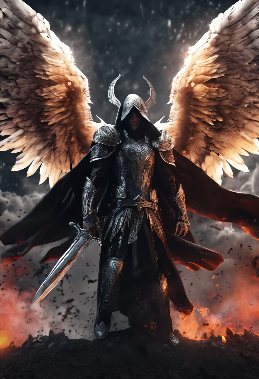 A man with wings standing in front of a fire - SeaArt AI
