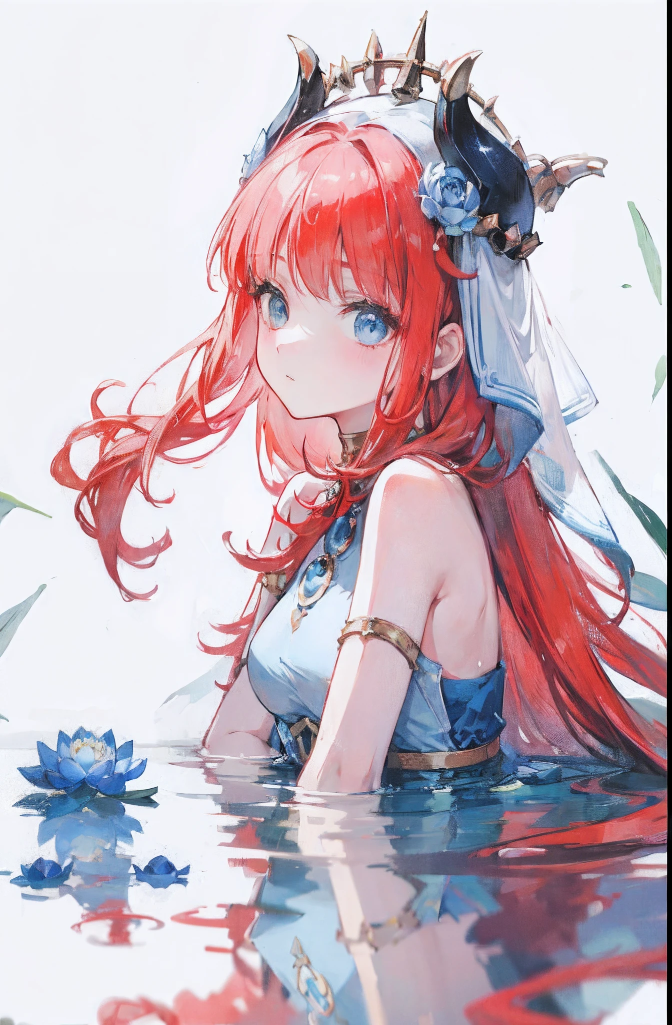 blue lotus flower pattern white background, girl facing sideway, red long hair