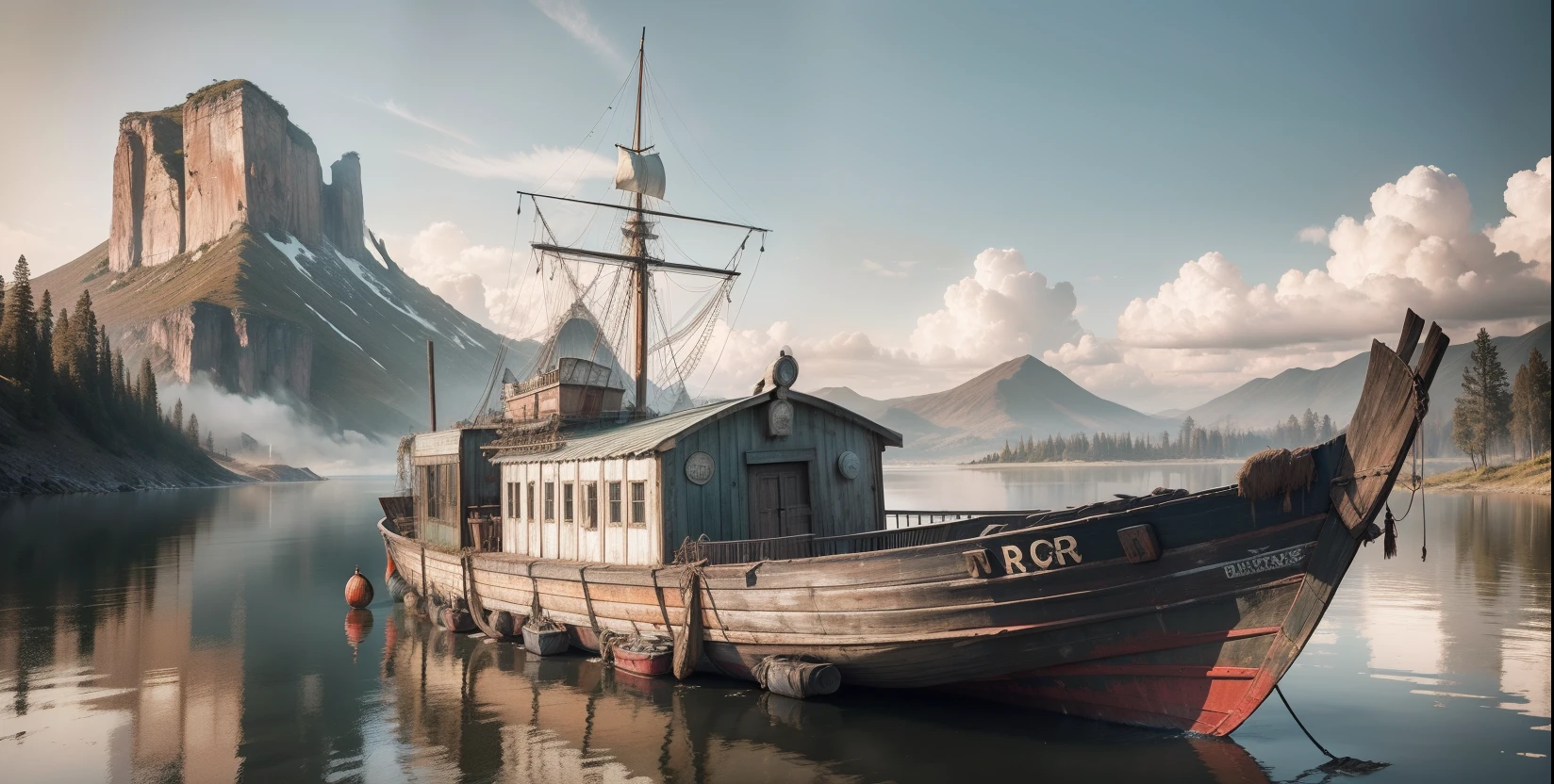 Swamp boat exterior for carrying large cargo, fundo tundra, foto digital, renderizado, tamanho completo, Formas corretas, realistic view, Very high detail, foco nítido, Shooting with DSLR camera, 16k, Full HD sem mostrar terra
