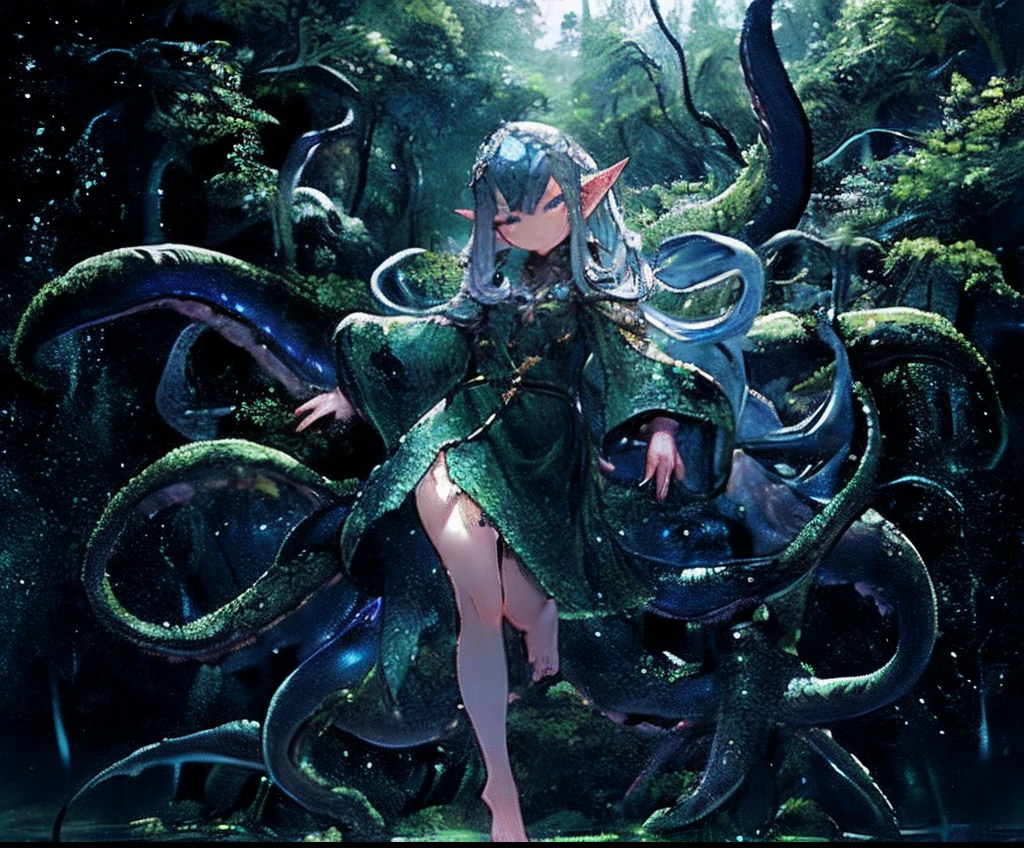 (best quality, masterpiece), (extremely detailed:1.3), original, (1girl:1.4), HDR, active pose, elf girl, pointy ears, tentacles, smug face, full body, forest, (glowing biome:1.3), will-o'-the-wisp \(mythology\), light clothings, barefoot,