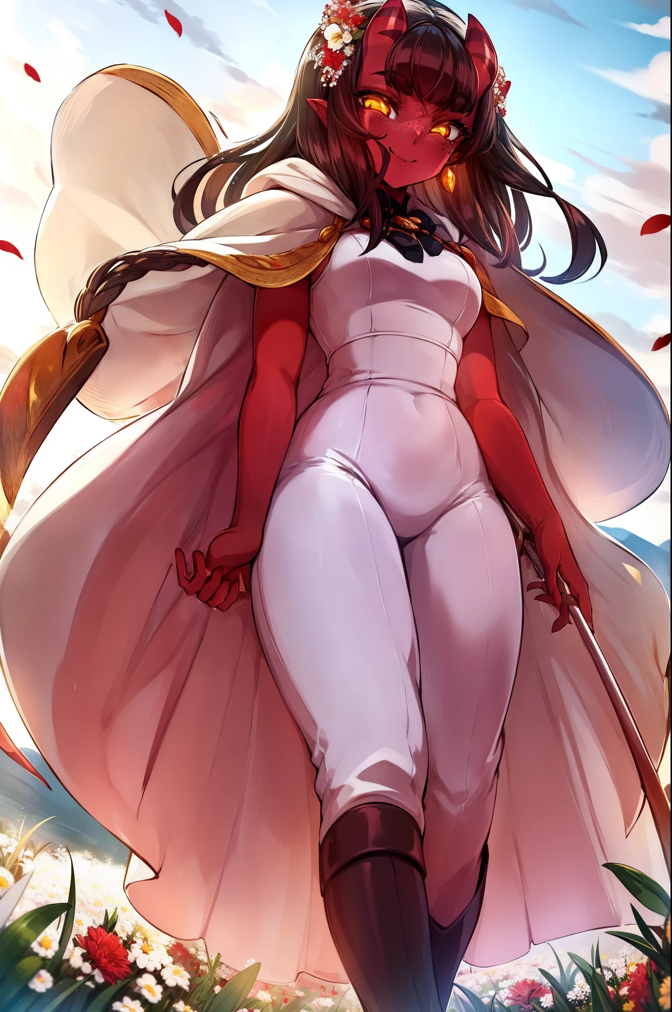 a beautiful and detailed image of meru , merunyaa,(red skin:1.3), horns,clothed,(freckles), flowing white dress,backlighting, field of flowers, holding flower, flower hair accessory, yellow eyes,smile, clouds,in front, alone, pants, medium breast,, knife holding, cloak, cape, walking, pants, solo, flip flops boots