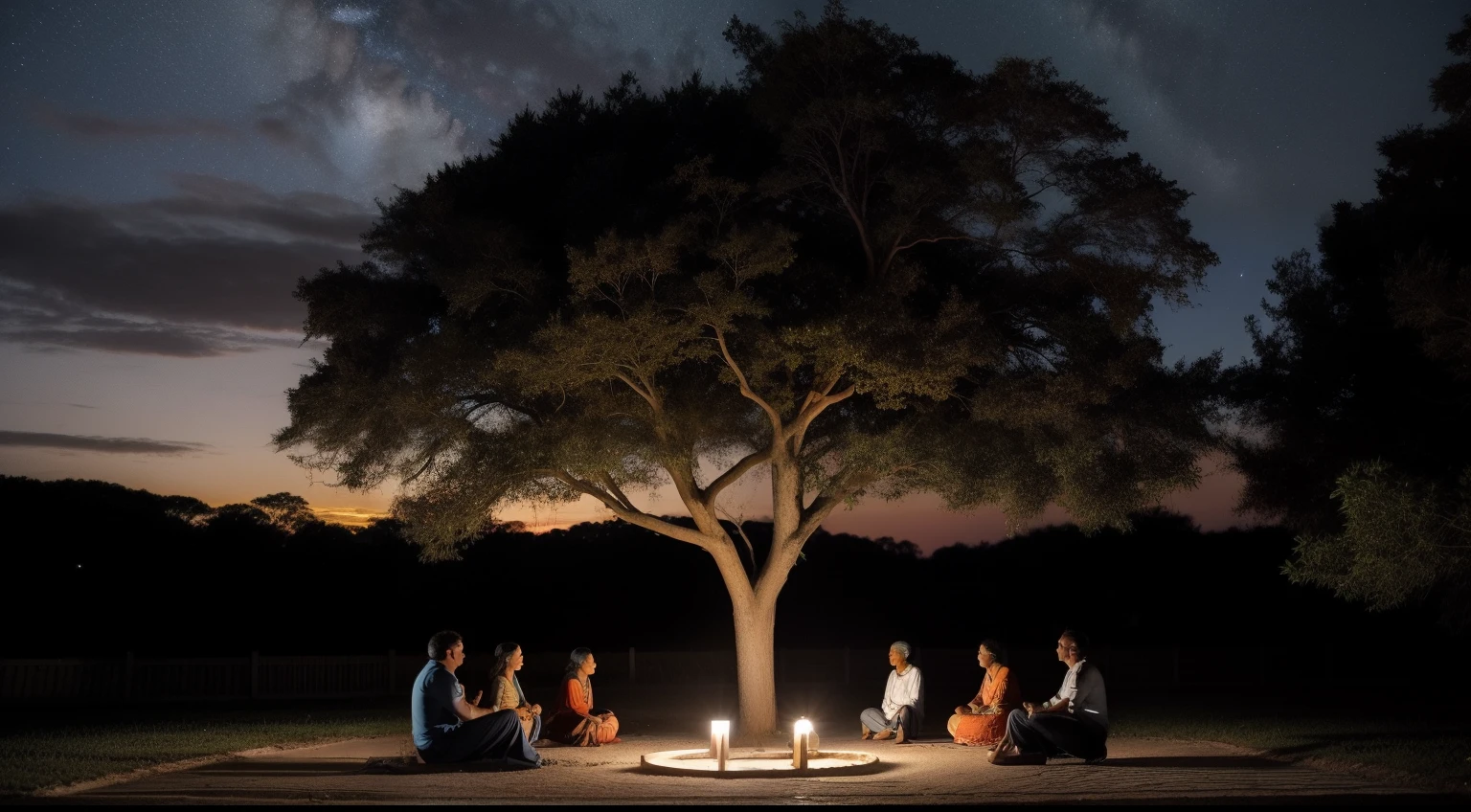 A large sturdy tree, with strong roots visible above the ground, situada no centro da imagem. Penduradas em seus galhos, there are illuminated lanterns that radiate a soft golden light. Below the tree, Several people of different ages and ethnicities are sitting in a circle, ouvindo atentamente uma senhora idosa (which represents wisdom and the transmission of stories) Narrating a story. The sky in the background has a sunset orange gradient, passando pelo azul celeste, until you reach the deep blue of the early evening, with the first visible stars.