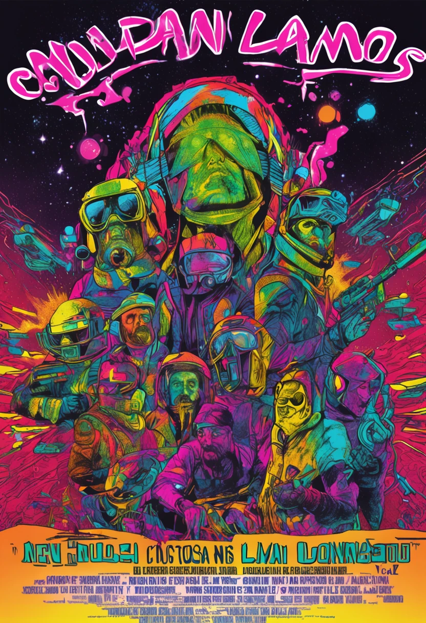 Andean punks Lojanos medium shots on neon space dust film poster Artistic style of the welcome panel Sean Gordon Murphy, Andean Latin punks from Loja Ecuador on the cover of galactic neon marvel movie, ((Vol 3)) en la nave espacial, Nebulosa de la galaxia Cosmos sin fin en el fondo, brillo alrededor de las caras, Interior acogedor y exterior congelado del abismo del infierno, [Guardians of the Galaxy Neon movie style]