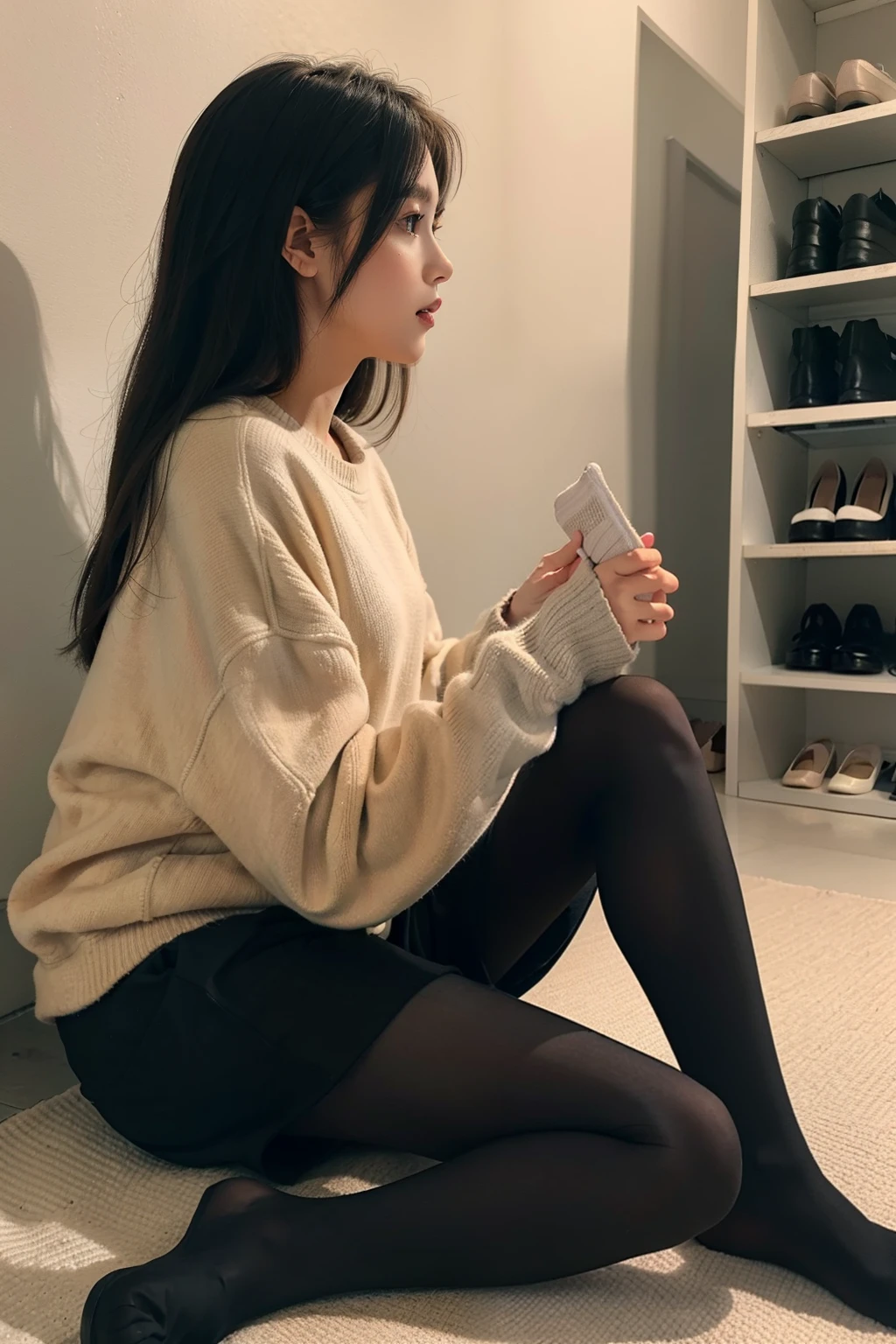 Show entire body, feet in view, profile view, 1girl, shoe shopping, oversized sweatshirt, pantyhose, no shoes, shoe store