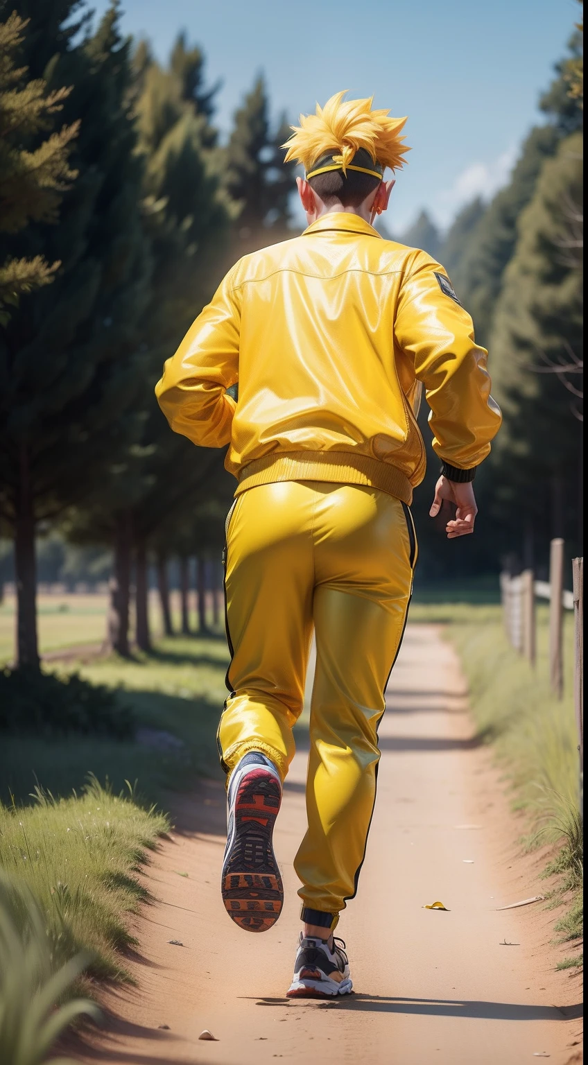 seen from behind ,man with yellow quiff hair, wearing yellow glasses, yellow clothes,wearing yellow jacket, running, full body , a field with trees in background,style of a Disney Pixar cartoon