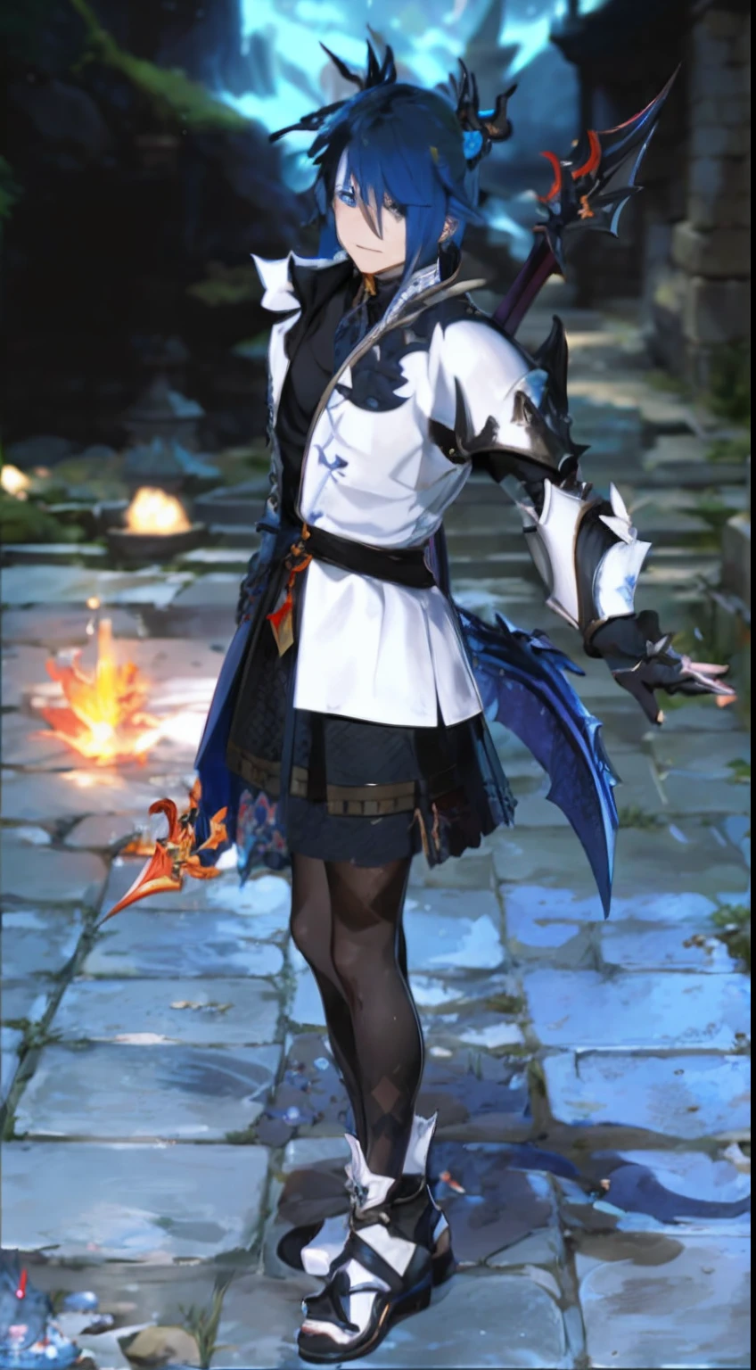 a close up of a person holding a sword in a courtyard, final fantasy 14 style, dragon inspired blue shiny latex armor, final fantasy 14 sharp, ffxiv heavensward, ayaka game genshin impact, full body xianxia, blue tiefling, ffxiv, keqing from genshin impact, zhongli from genshin impact, ayaka genshin impact