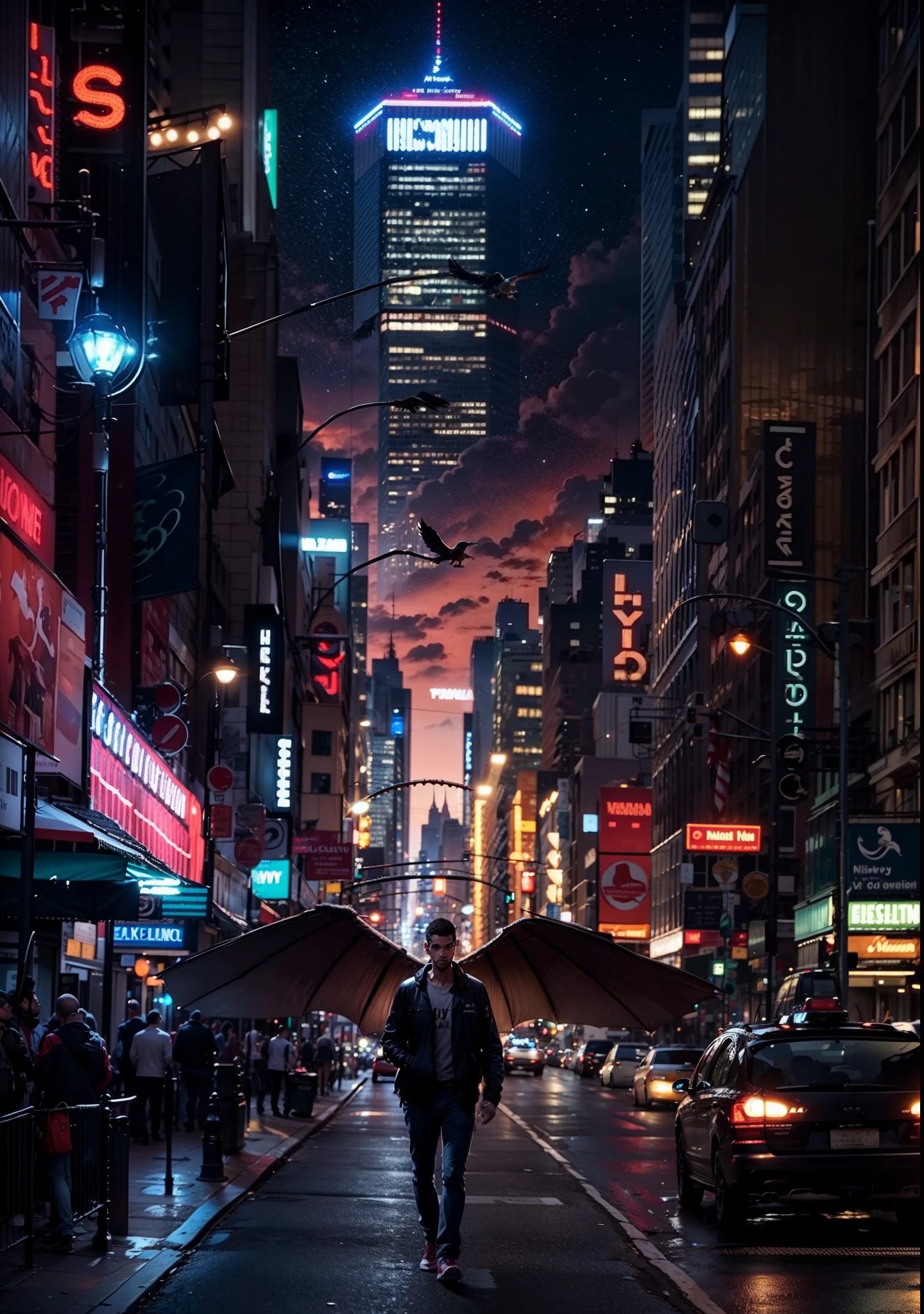 um anjo homem de frente andando pela rua de nova york a noite, homem bonito, cidade a noite
