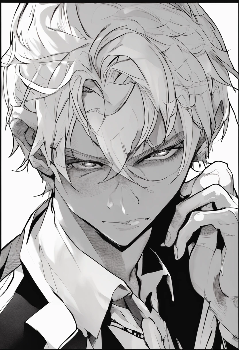 Side dorsal head, eBlue eyes, Beauty mole, cool guy, White hair, Seductive smile, hyper HD, blacksuit, white skinned, Persona diagram, The upper part of the body, High detail