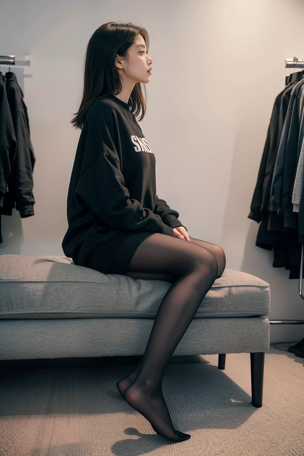 Show entire body, feet in view, profile view, 1girl, shoe shopping, oversized sweatshirt, pantyhose, no shoes, shoe store