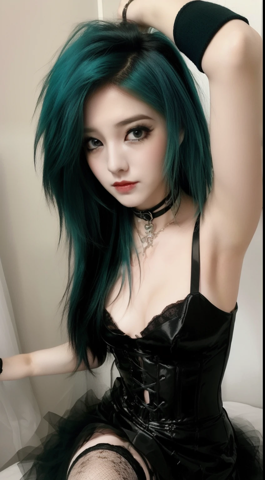 masterpiece, best quality, ultra realistic, ultra detailed, photo realistic,

((1girl)), beautiful girl, 18 years old, young, petite, flat chest, (black dress), choker, fingerless gloves, fishnets,  corset, garter belt,
, porcelain skin, (poofy hair), green blue hair, emo makeup, eyeliner, shy,
,((( face shot, (close up), face focus))), (mesy emo bedroom), stocking, armpit