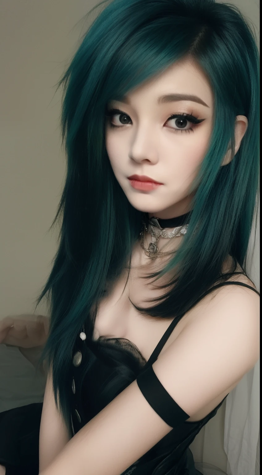 masterpiece, best quality, ultra realistic, ultra detailed, photo realistic,

((1girl)), beautiful girl, 18 years old, young, petite, flat chest, (black dress), choker, fingerless gloves, fishnets,  corset, garter belt,
, porcelain skin, (poofy hair), green blue hair, emo makeup, eyeliner, shy,
,((( face shot, (close up), face focus))), (mesy emo bedroom), stocking, armpit