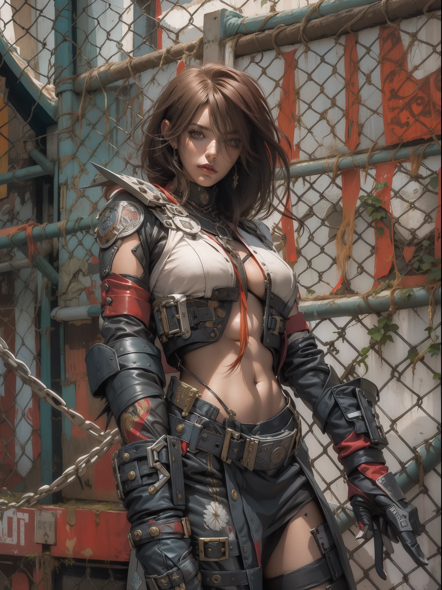 (((mulher))), (((melhor qualidade))), (((obra prima))), (((adulto))), (((1girl))), ((( corte de cabelo bob ))), Uma gladiadora cyberpunk mulher de 25 anos com corpo perfeito, shoulder pads with metal spines, Gladiadores do Brooklyn, (( corte de cabelo bob )), tiny leather panties, camiseta de time de rugby rasgada, quase nua no estilo selvagem urbano de Simon Bisley para a capa da revista Heavy Metal, Cabelo loiro curto, Minimum clothing, Metal protection on the left arm with intricate graphics, Dark red with white stars and white and navy blue checkerboard pattern, armadura, cheio de pontas e rebites, (((do joelho pra cima))), cabelos loiro branco curto, no fundo uma parede pintada por Shepard Fairey com um design intrincado