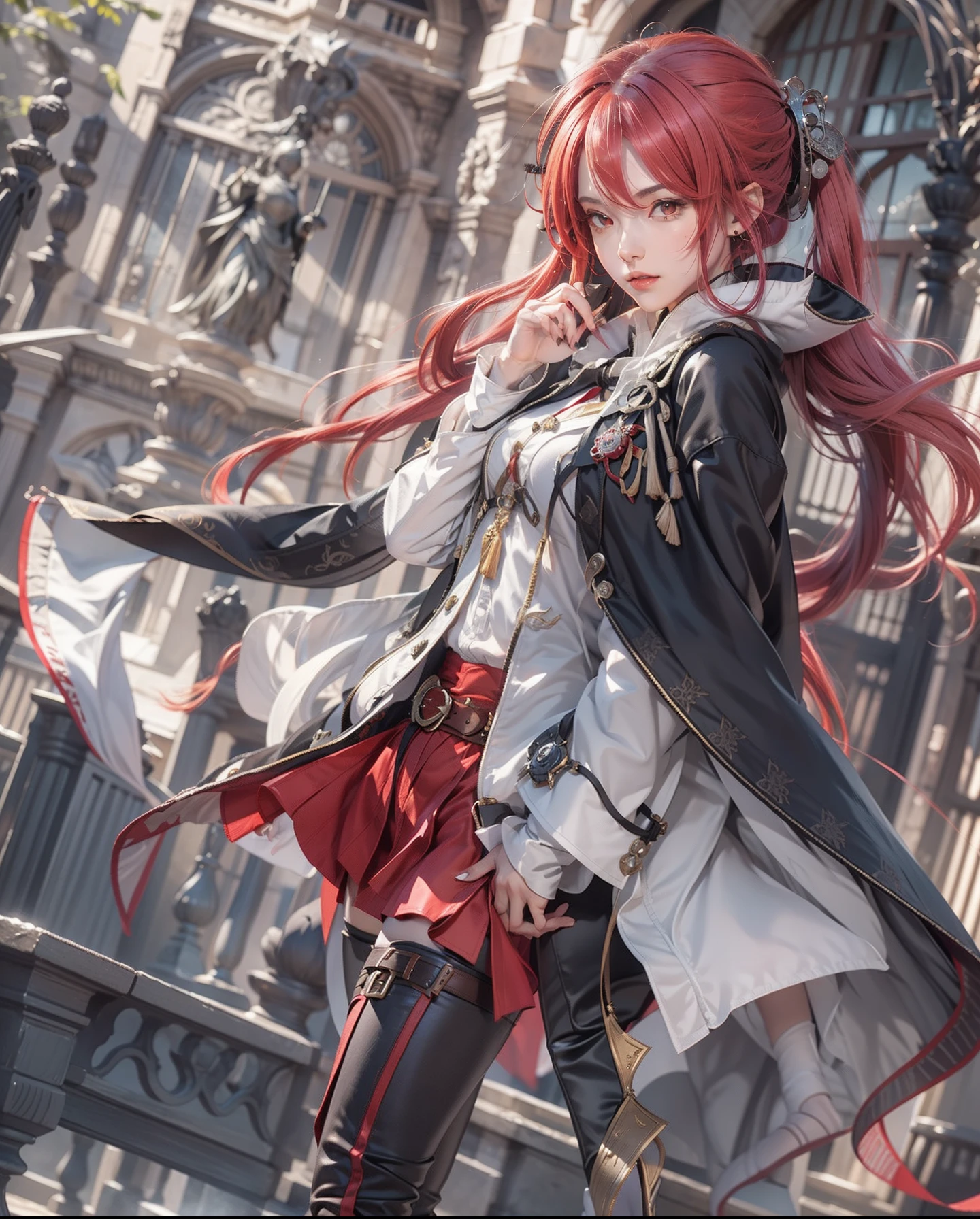 Upper body, 1girl in、mushoku tensei, eris grayrat, Red hair, Red Eyes, shairband, Capelet, coat, ((masutepiece)), very detailed illustration, highly detailed back ground, Hi-Res、high-heels、