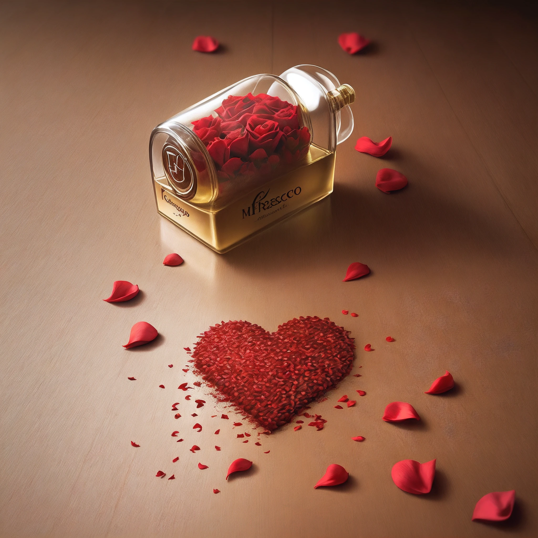 Um frasco de perfume, inclinado, sem tampa, Pouring red rose petals, imagem real, HD com detalhes e muito bem elaborada