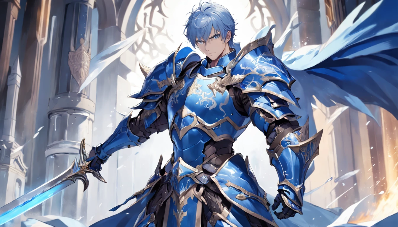 a man in armor holding a sword and a sword, a human male paladin, male paladin, blue armor, fantasy paladin, dragon inspired blue armor, pale blue armor, male warrior, shadowverse character concept, blue and ice silver color armor, fantasy warrior, epic paladin armor, picture of an adult male warrior, arsen lupin as a paladin, Guilty crown, Shu, power of king