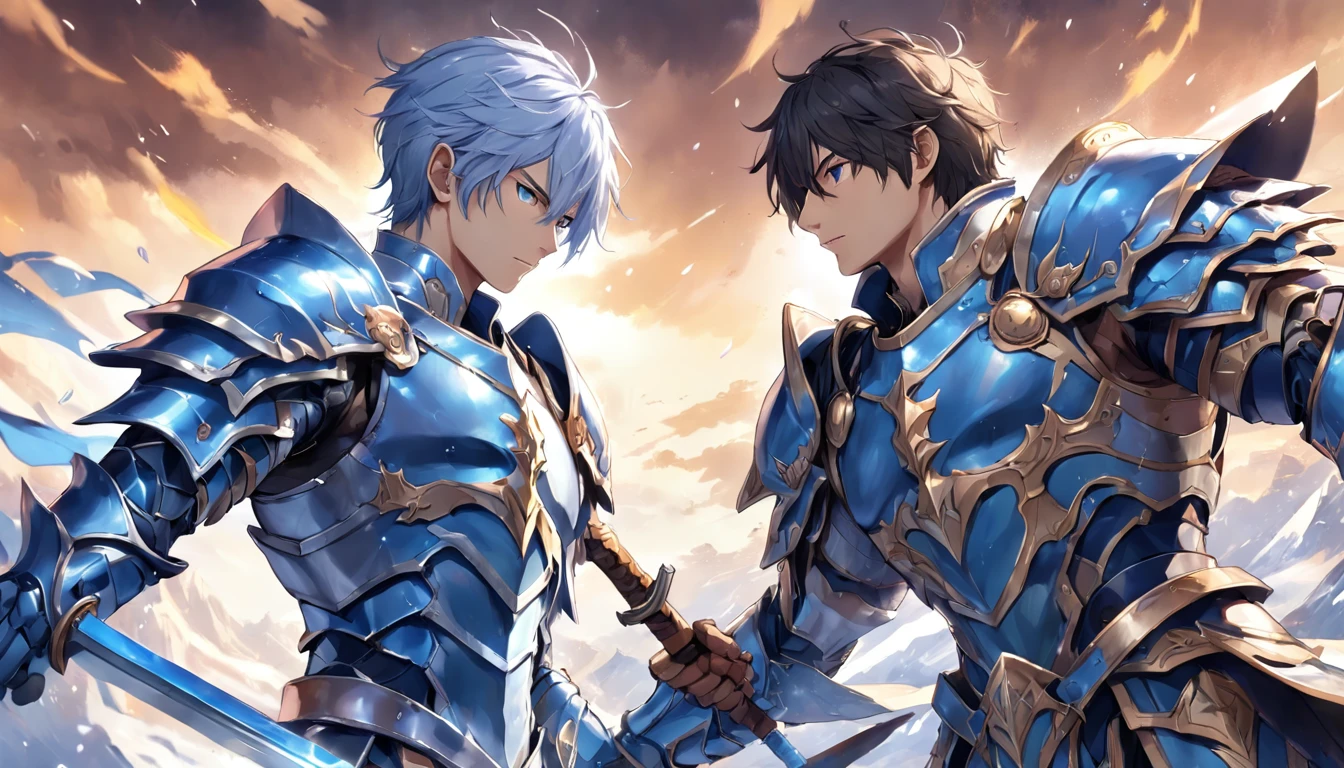 a man in armor holding a sword and a sword, a human male paladin, male paladin, blue armor, fantasy paladin, dragon inspired blue armor, pale blue armor, male warrior, shadowverse character concept, blue and ice silver color armor, fantasy warrior, epic paladin armor, picture of an adult male warrior, arsen lupin as a paladin, Guilty crown, Shu, power of king