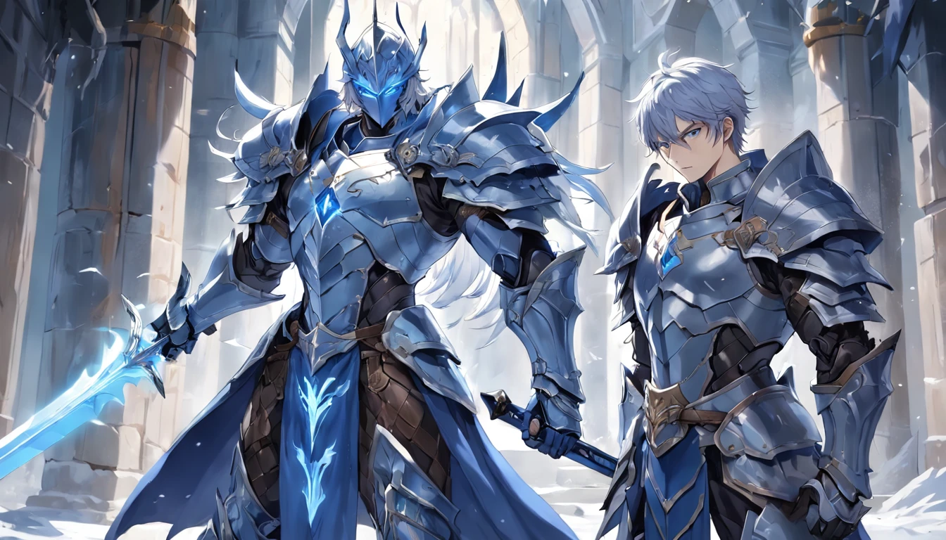 a man in armor holding a sword and a sword, a human male paladin, male paladin, blue armor, fantasy paladin, dragon inspired blue armor, pale blue armor, male warrior, shadowverse character concept, blue and ice silver color armor, fantasy warrior, epic paladin armor, picture of an adult male warrior, arsen lupin as a paladin, Guilty crown, Shu, power of king