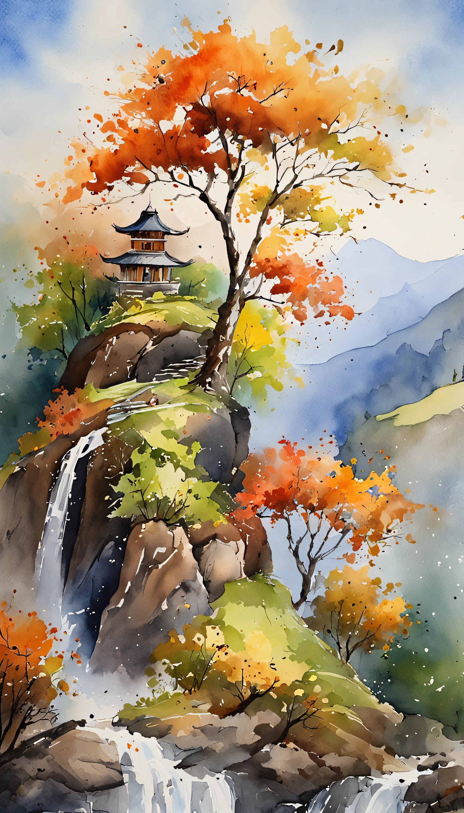 landscape painting，Rolling mountains，with a waterfalls，flying birds，k hd