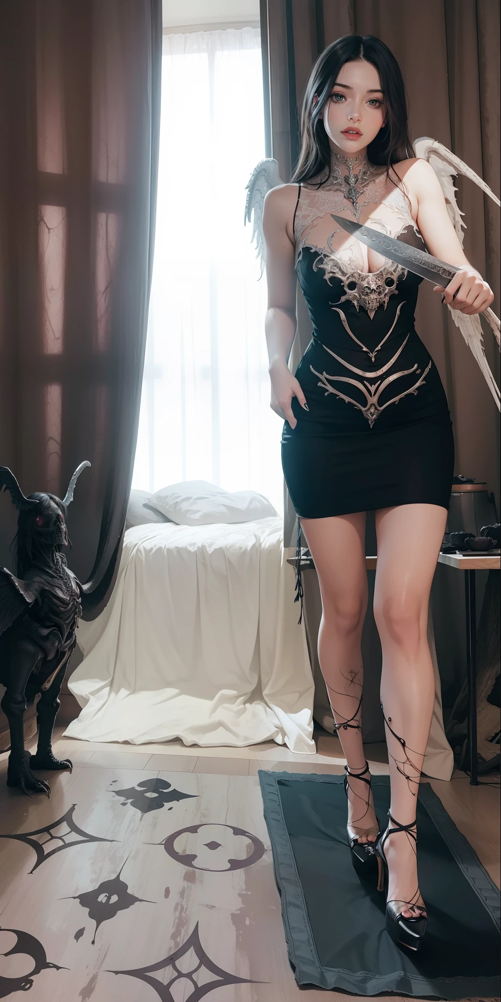 Fine matte paint，Skeleton Dark Angel, Haunted castle with large wings, Fill the drawing table with a knife，terroral，uncanny，horrid，secret terror，tentaculata，grape trees，The eye，uncanny valley effect teeth，all  fours，Critters，Blood Moon，8K，high qulity，Beautuful Women，Delicate face，high-heels