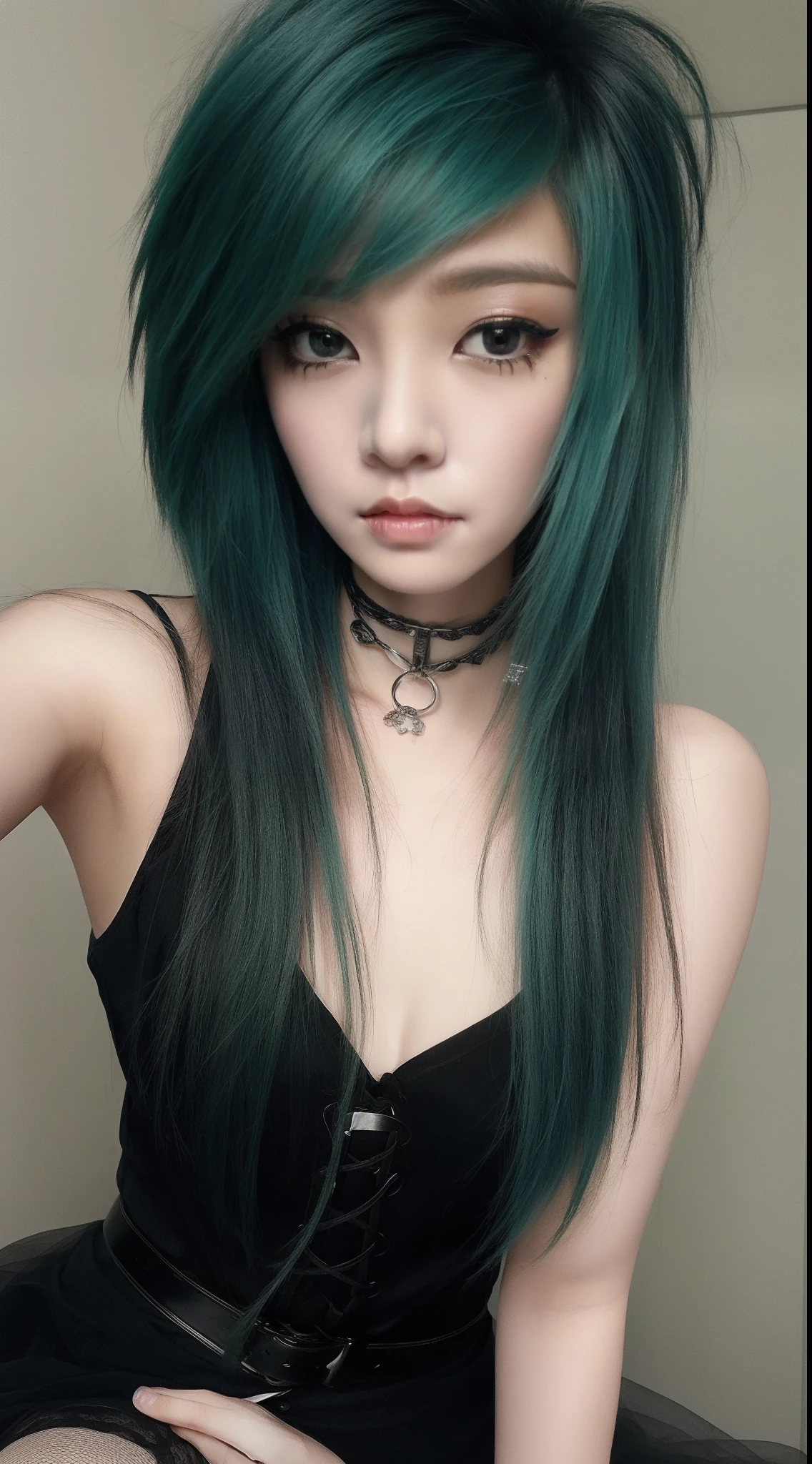 masterpiece, best quality, ultra realistic, ultra detailed, photo realistic,

((1girl)), beautiful girl, 18 years old, young, petite, flat chest, (black dress), choker, fingerless gloves, fishnets,  corset, garter belt,
, porcelain skin, (poofy hair), green blue hair, emo makeup, eyeliner, shy,
,((( face shot, (close up), face focus))), (mesy emo bedroom), stocking, armpit, full body