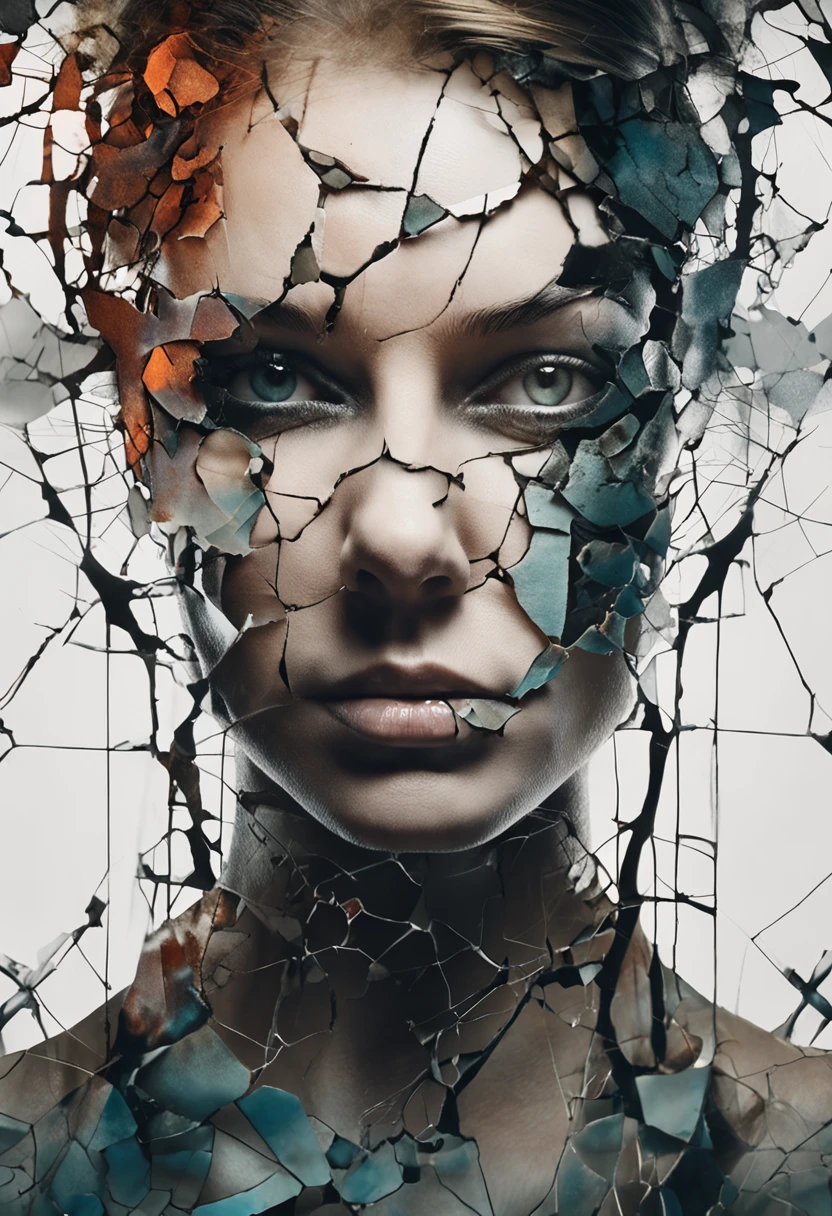 Watercolor painting of the face of a beautiful woman with a broken head and broken glass on her face, expression of loneliness, treasure, silent and depressed,Explosive warhead, Machine parts embedded in face., volatile, inspired by Igor Morski, dramatic work of art, photo manipulation, Photo manipulation, Disintegration, headbang until your brain bleeds, data fragment explosion, tinnitus, official work, Incredibly high level of detail, Photoshop art, noise effect