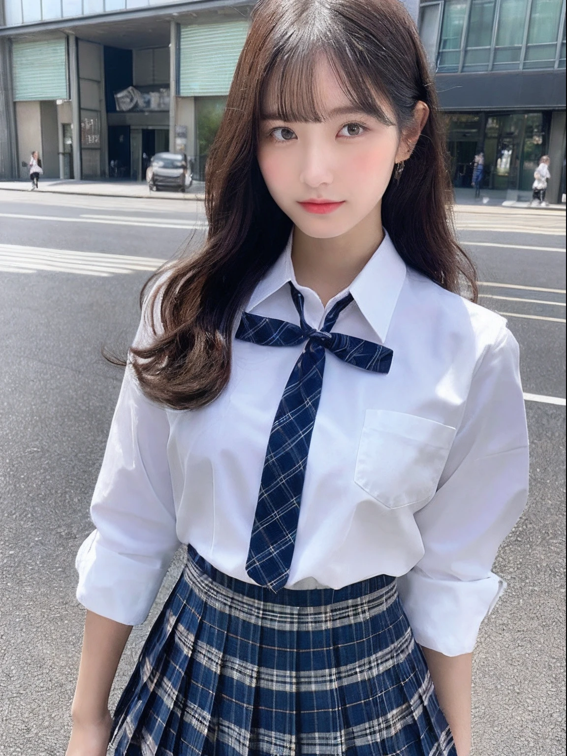 ((Top quality, 8k, Masterpiece: 1.3)), beauty, hidden face, 1 girl, beauty: 1.3, slender abs: 1.1, Japanese high school uniform, white shirt, full, plaid short skirt, bow tie, over-the-knee socks, long black hair, (kneeling on the bed), ultra-detailed face, highly detailed lips, detailed eyes, double eyelids, strict head and body ratio: 1.5,