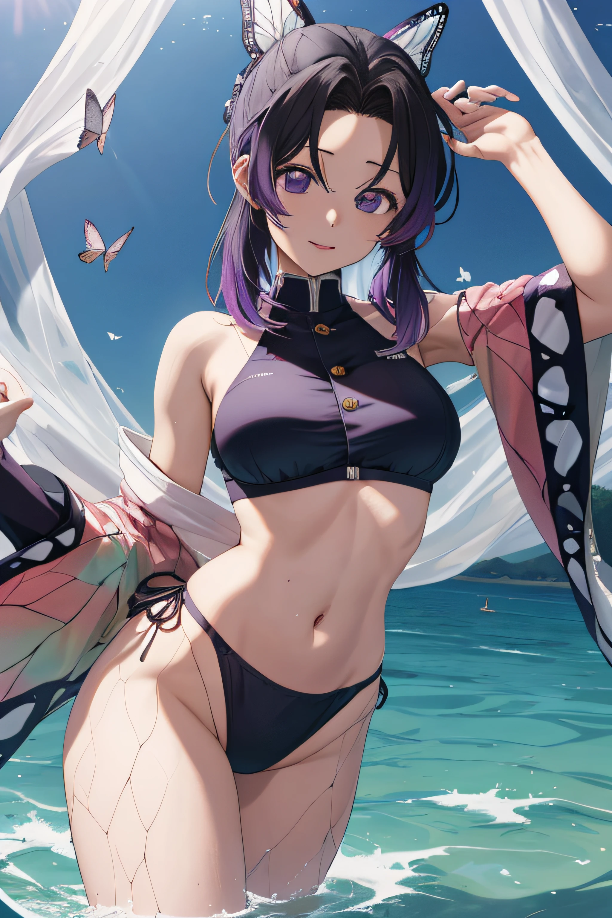 Kochou Shinobu, 1girl,master part, cabelos multicoloridos,manga, Purple eyes,decote, sbikini, ((sexy, lascivo, Erotica, Clivagem longa)) ((pelada, pouca roupa)) , Multiple Butterflies, , Lake sunset, Reflexo da lente, perfect lighting, extremely high quality, hands behind, coxas grossas, seios grandes, extremely high quality, high resolution.
