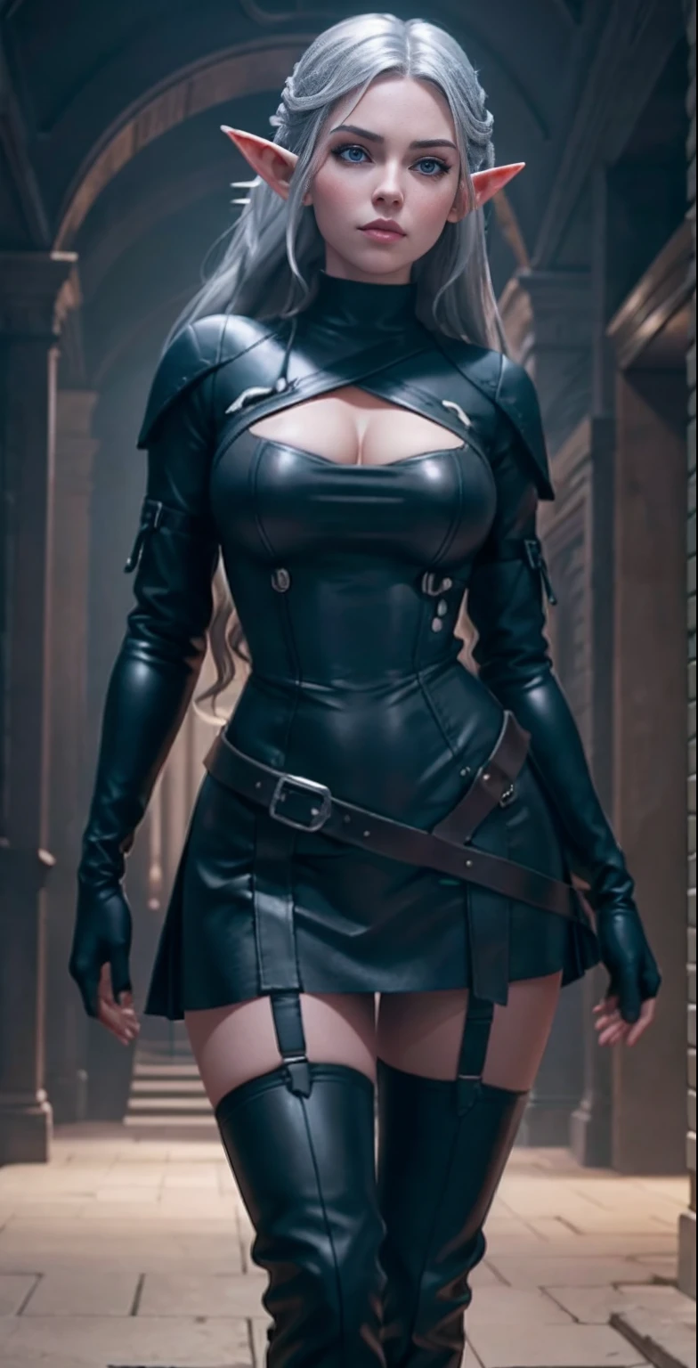 full body portrait of beautiful 1girl, solo, elf ((milf)), (very long) silver hair, tied in a knot, dark blue uniform, black knee-high simple riding leather boots, leggings, Anime style photo, Manga style, Digital art, glow effects, Hand drawn, render, 8k, octane render, cinema 4d, blender, dark, atmospheric 4k ultra detailed, cinematic sensual, Sharp focus, hyperrealistic, big depth of field, Masterpiece, colors, 3d octane render, 4k, concept art, trending on artstation, hyperrealistic, Vivid colors, huge breasts, palace corridor,( black gloves:1.1), double-breasted, (looking at viewer), (seductive:0.6),(smile:0.3)(evil:0.3), (from below:1.1), strap-on, harness,