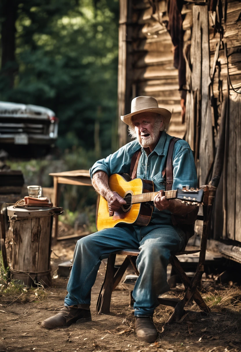 Old hillbilly playing guitar sitting on a wooden chair
