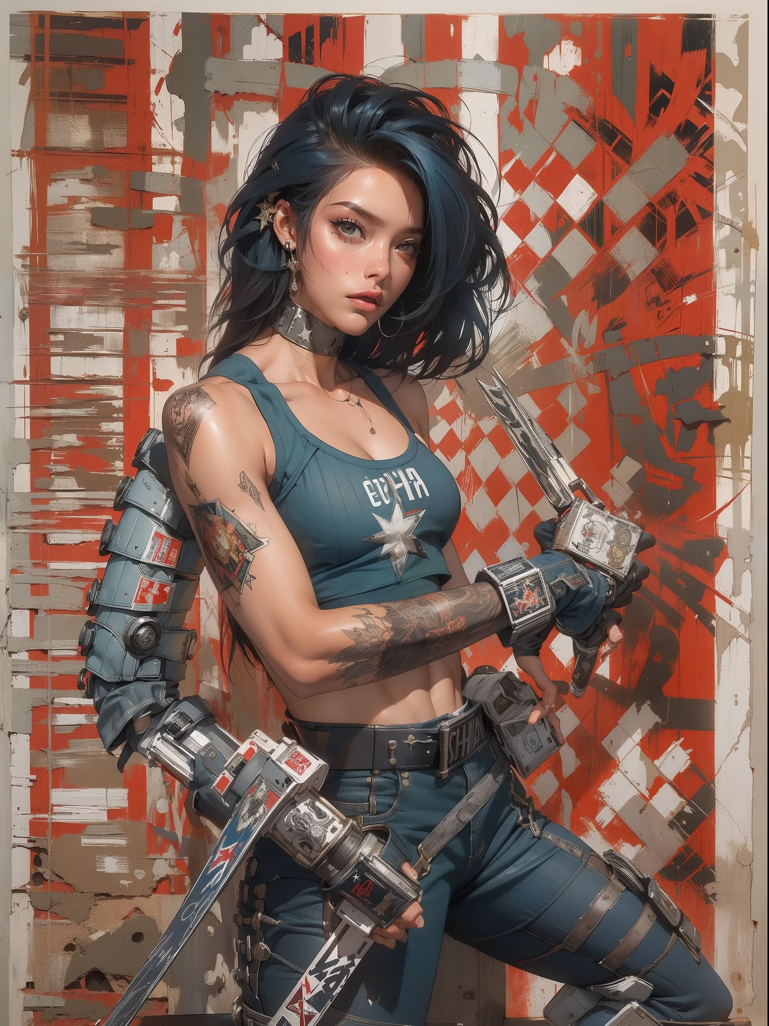 (((mulher))), (((melhor qualidade))), (((obra prima))), (((adulto))), (((1girl))), ((( corte de cabelo bob ))), Uma gladiadora cyberpunk mulher de 25 anos com corpo perfeito, shoulder pads with metal spines, Gladiadores do Brooklyn, (( corte de cabelo bob )), tiny leather panties, camiseta de time de rugby rasgada, quase nua no estilo selvagem urbano de Simon Bisley para a capa da revista Heavy Metal, Cabelo loiro curto, Minimum clothing, Metal protection on the left arm with intricate graphics, Dark red with white stars and white and navy blue checkerboard pattern, armadura, cheio de pontas e rebites, (((do joelho pra cima))), cabelos loiro branco curto, no fundo uma parede pintada por Shepard Fairey com um design intrincado