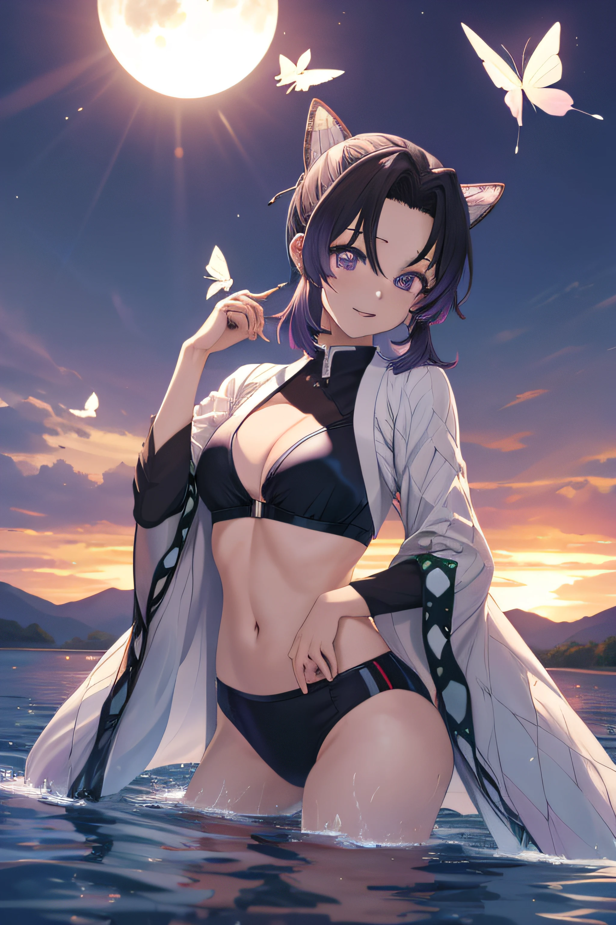 Kochou Shinobu, 1girl,master part, cabelos multicoloridos,manga, Purple eyes,decote, sbikini, ((sexy, lascivo, Erotica, Clivagem longa)) ((pelada, pouca roupa)) , Multiple Butterflies, , Lake sunset, Reflexo da lente, perfect lighting, extremely high quality, hands behind, coxas grossas, seios grandes, extremely high quality, high resolution.