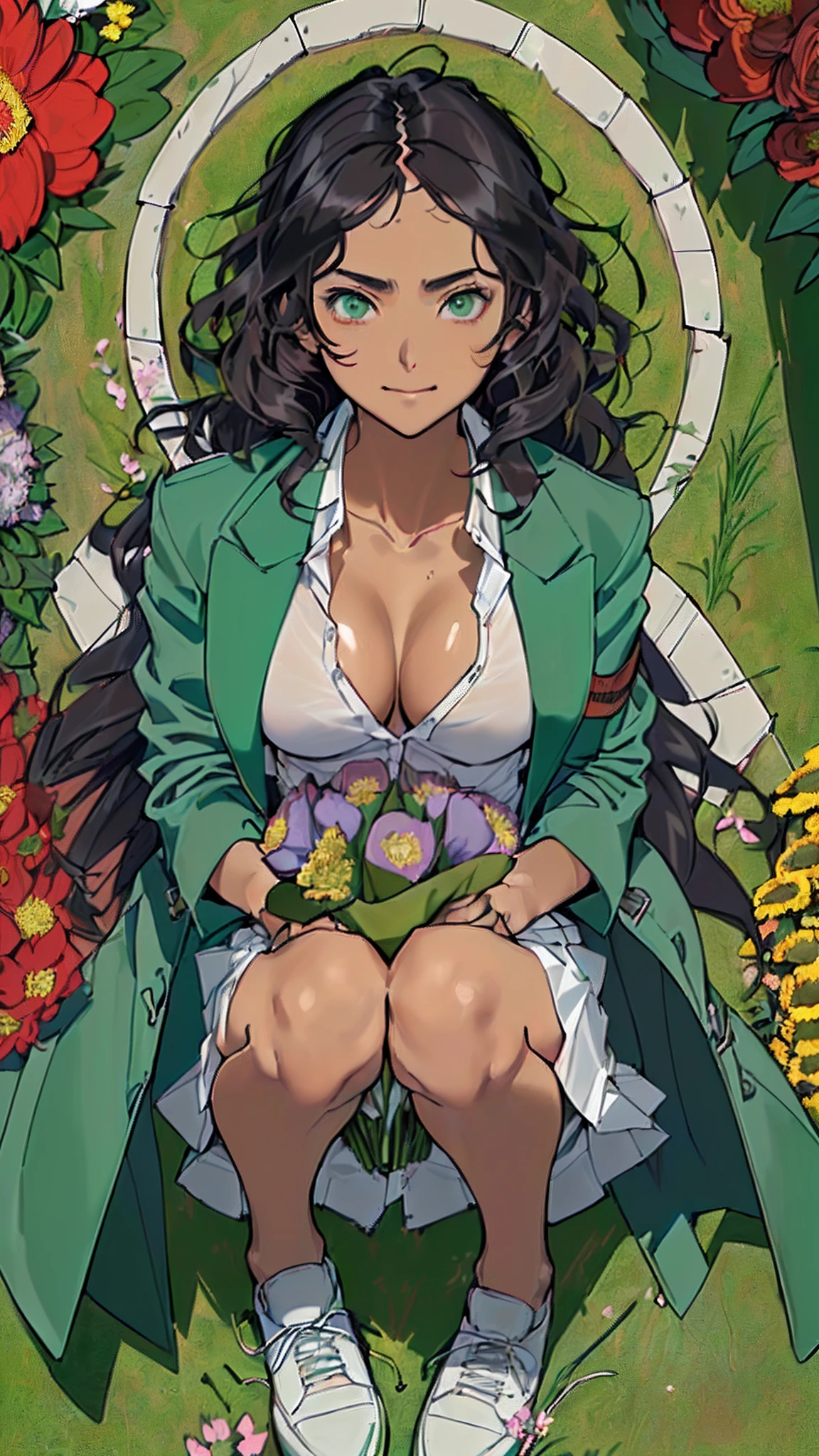 ((((((ung woman))),the anime, ( Green eyes), (black hair), Nice face, ssmile, the perfect body, Wavy Hair, hairlong, (((morena))), big breastes, ((tmasterpiece, beste-Qualit)), illustartion, ультра детализированная 8k, Photorealistic, sharp-focus, higly detailed, Professional lighting, September 1, Knowledge Day, school, Accompanying children to school, bunch of flowers, Teacher, suit,coat, upskirt, white shirt, pouch, shoes