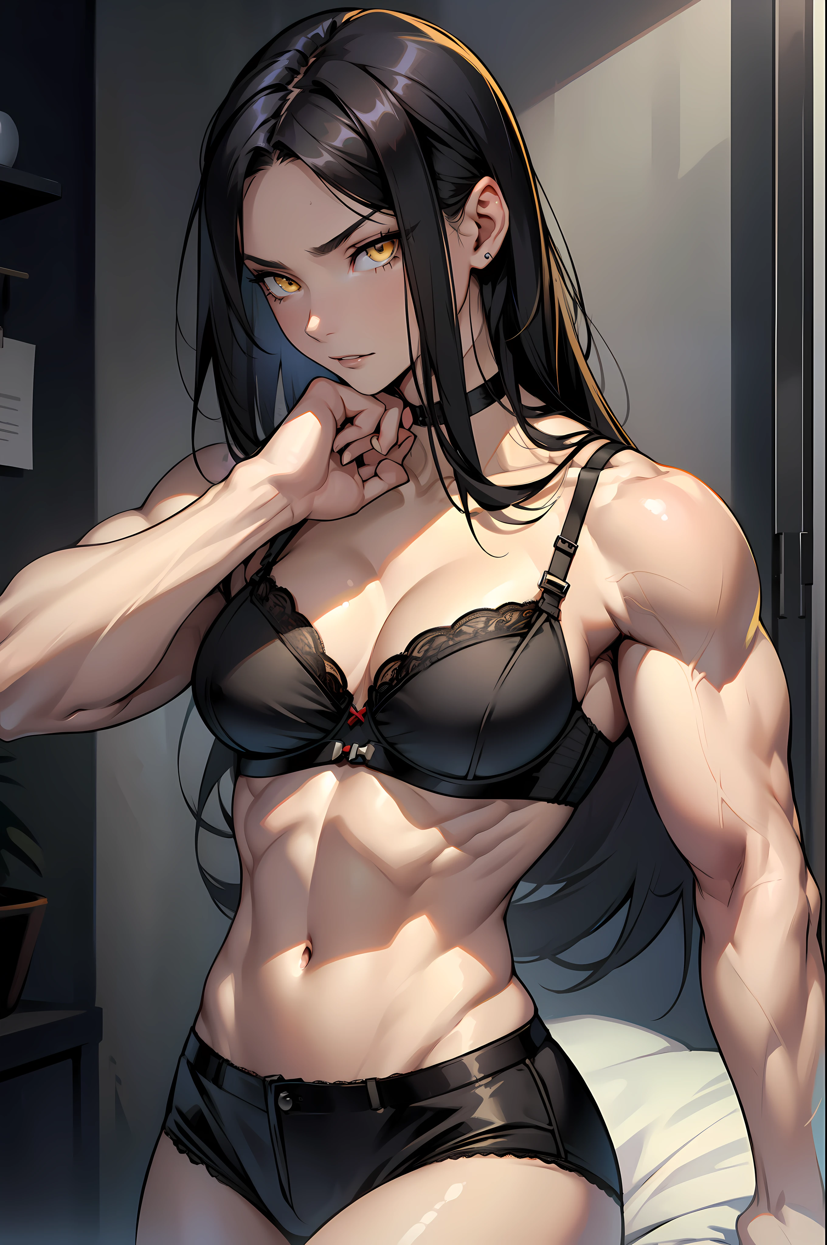 (((1 girl))), black hair, yellow eyes, very long hair, ((((muscular)))), tall, pale skin, ((seductive expression)), (((bra)))