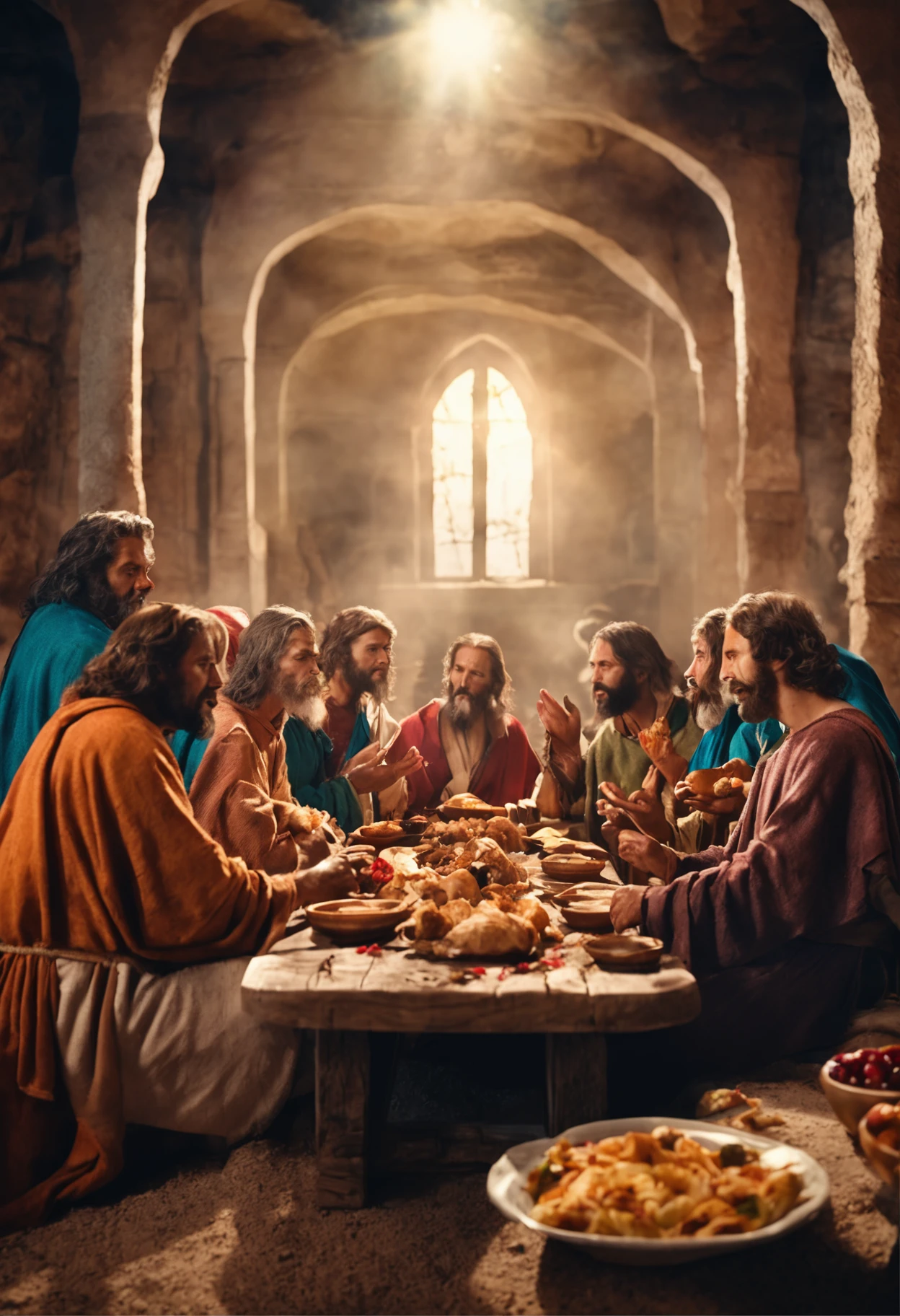 a imagem semelhante do senhor jesus cristo, Eating together with his apostles in the Holy Sei breaking the bread in high definition in 8k