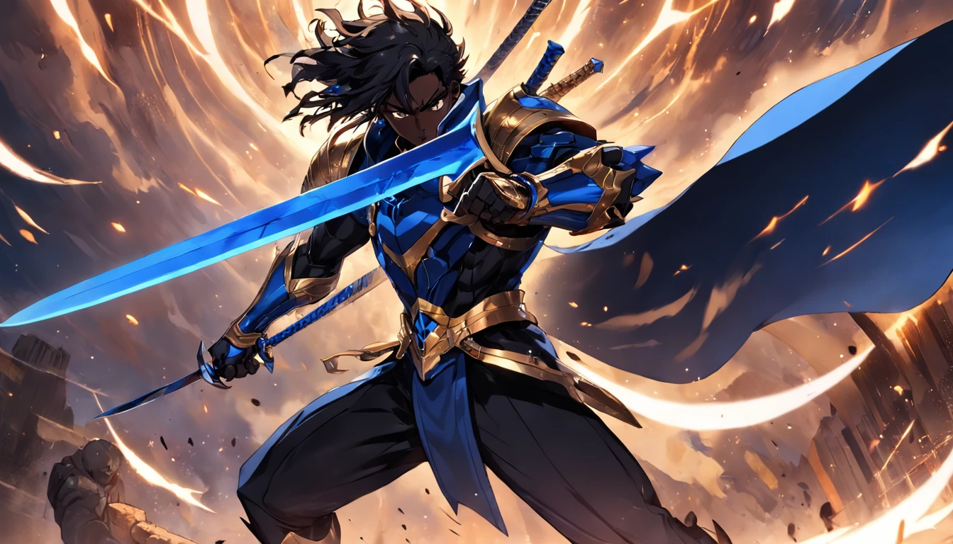 Um homem de armadura preta com detalhes azul e dourado, cabelos pretos e vermelhos misturados, um grande cavaleiro, com asas, armadura brilhante, com 2 espadas, uma espada preta e uma espada branca.