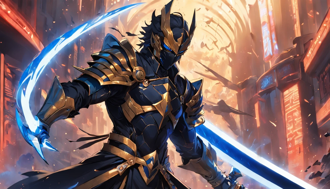 Um homem de armadura preta com detalhes azul e dourado, cabelos pretos e vermelhos misturados, um grande cavaleiro, com asas, armadura brilhante, com 2 espadas, uma espada preta e uma espada branca.
