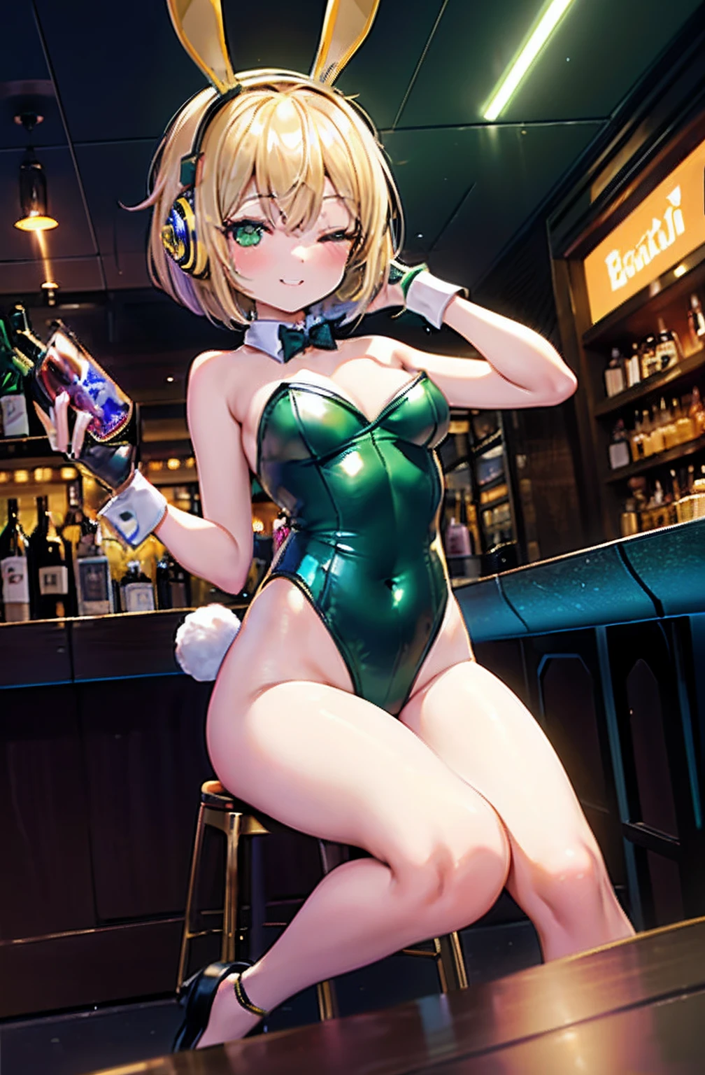 (Chibi:1.3), group_photo, (half closed eyes, green eyes), (detailed eyes), full body, indoors, on the table, Happy smile, (mechanical bunny girl: 1.1), (golden leotard), rabbit ears, rabbit tail, headphone, (blonde hair, bob cut), (cyberpunk), (bar), counter, wine, whiskey, bourbon, neon signboard, (Nendoroid),