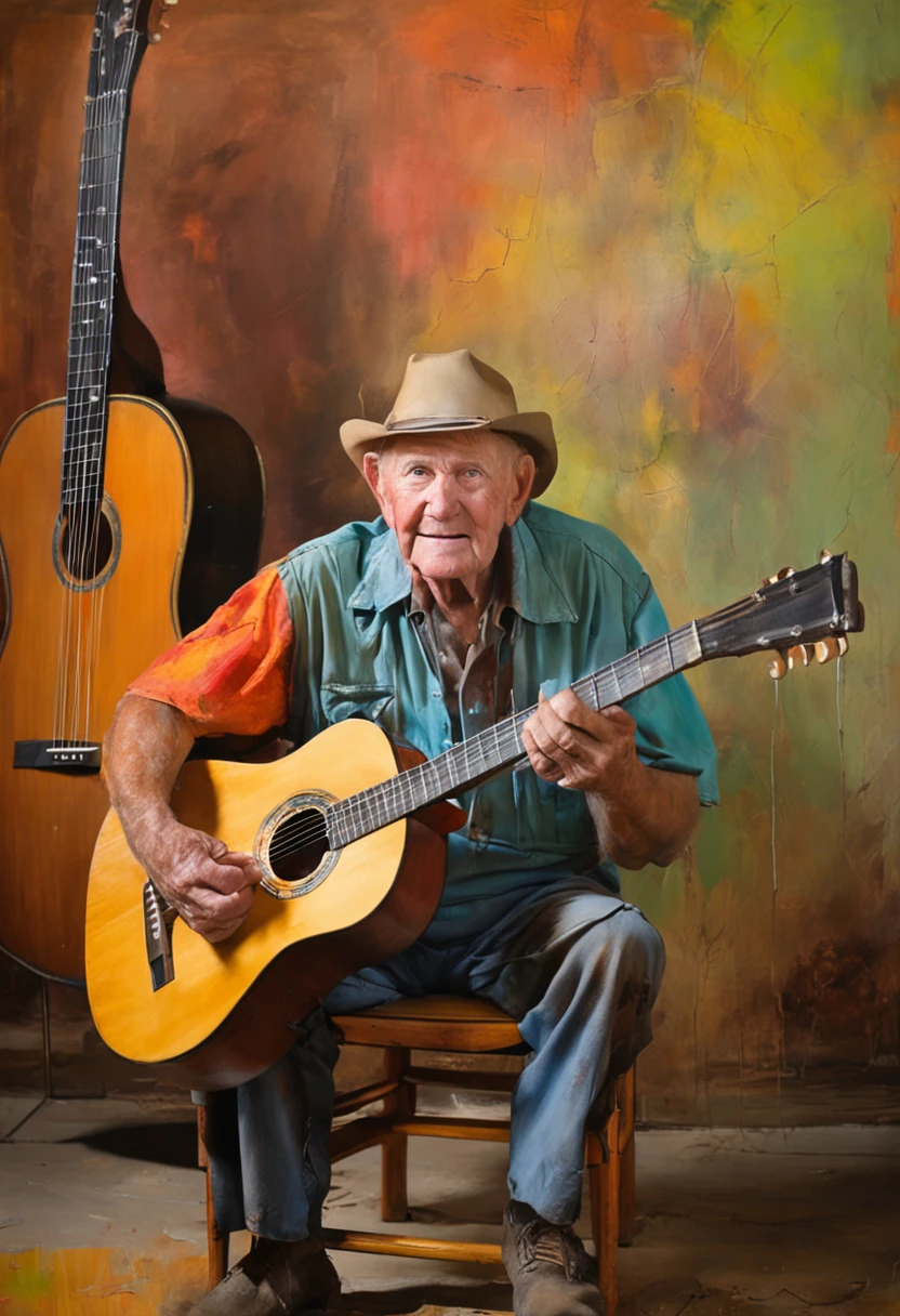Old hillbilly playing guitar sitting on a wooden chair