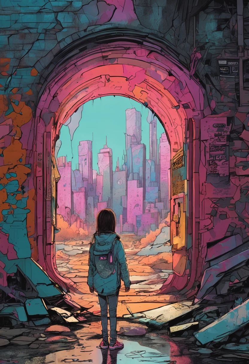 A girl on a dilapidated sidewalk looking through a graffiti-stained wall at a round portal. Inside the portal is a beautiful cosmic futuristic city of steam waves, 插圖, detalhes intrincados, altamente detalhados, estilo de arte de fantasia, arte conceitual, detalhes intrincados, altamente detalhados, moebius, ghibli studio, rene magritte